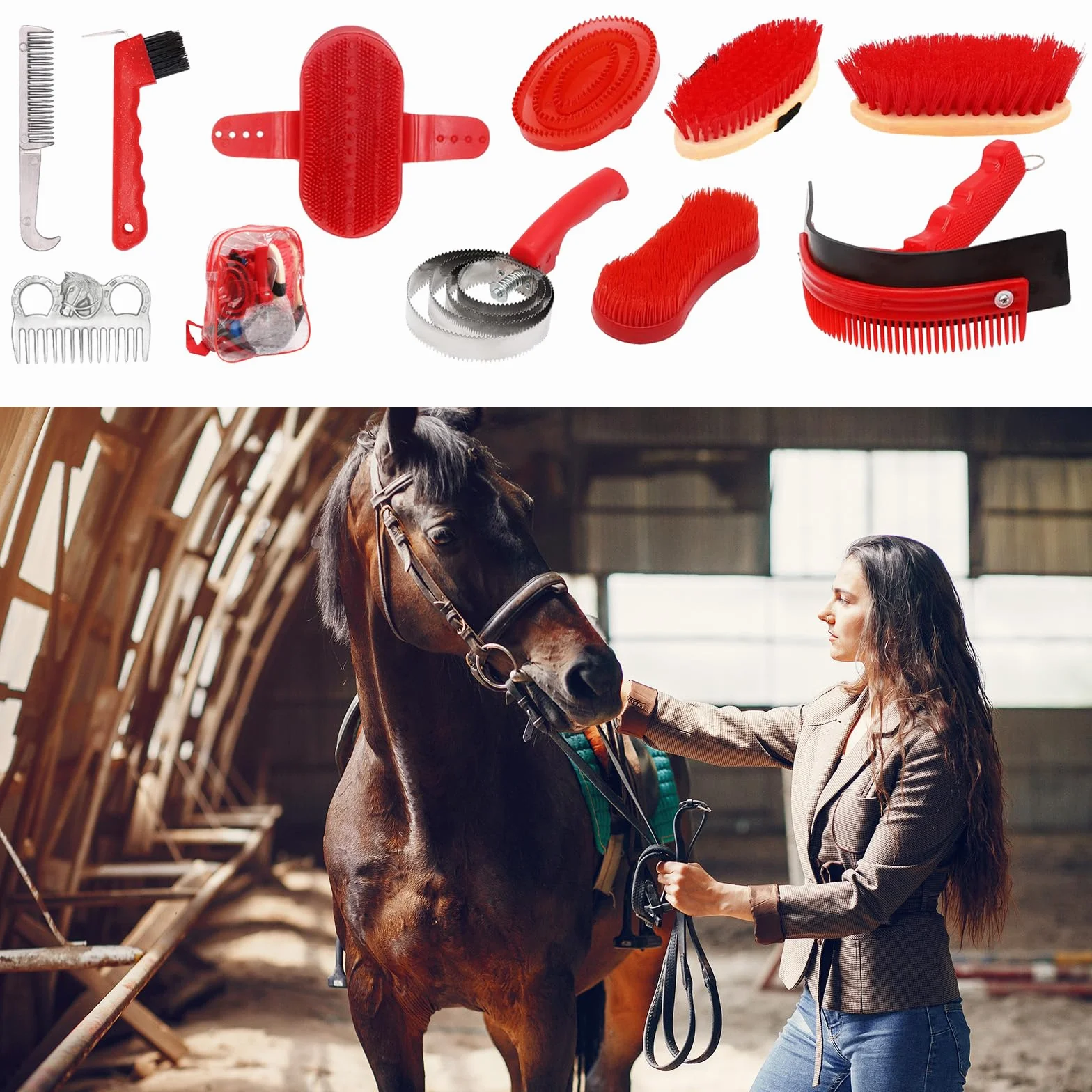 Cepillos Para Caballos, 10PCS Juego De Cuidado De Caballos Juego De Cuidado De Cepillos Kit De Cuidado De Caballos Limpieza De Caballos Cepillo Ecuestre Accesorios Con Bolsa De Almacenamiento