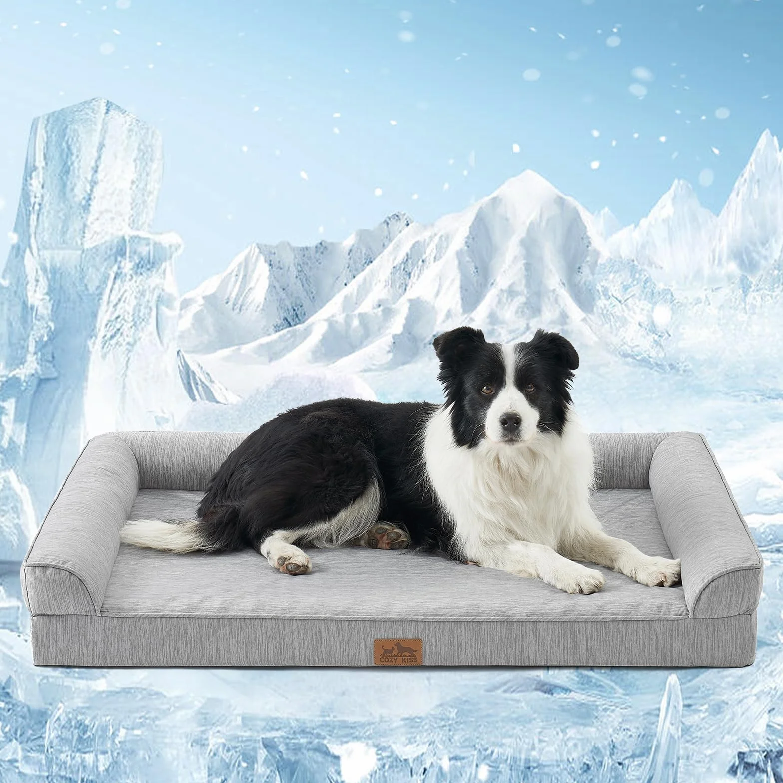 COZY KISS Cama Refrigerante Ortopédica para Perros Talla XL 107x76x18 cm - Sofá Ergonomico para Perros con Funda Desenfundable y Lavable & Espuma de Alvéolos, Impermeable, Gris Plateado, XL