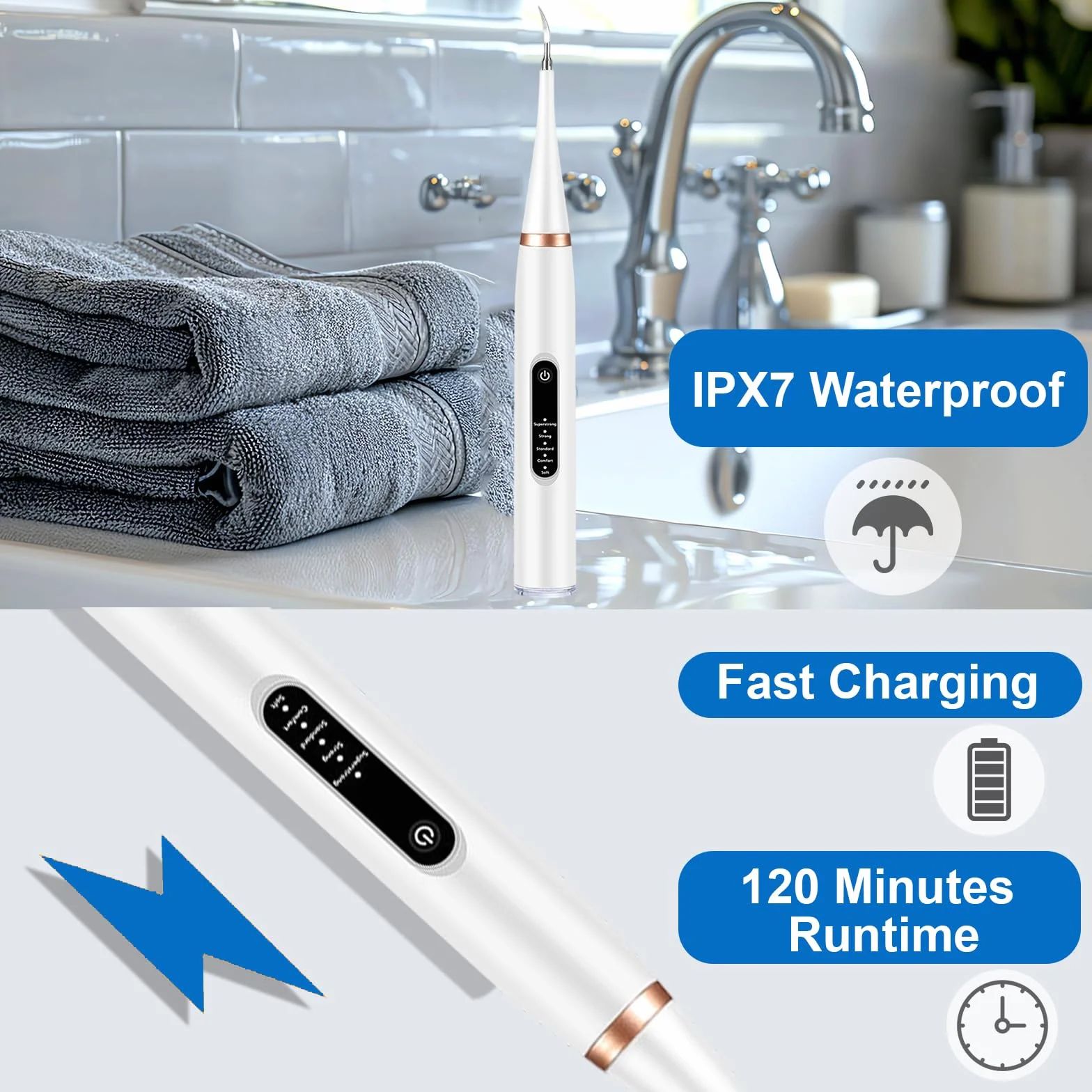 Limpiador Dental Ultrasónico para Perros y Gatos Blanco – 5 Modos con LED, Detección de Encías, IPX7, Recargable USB-C, Kit Completo