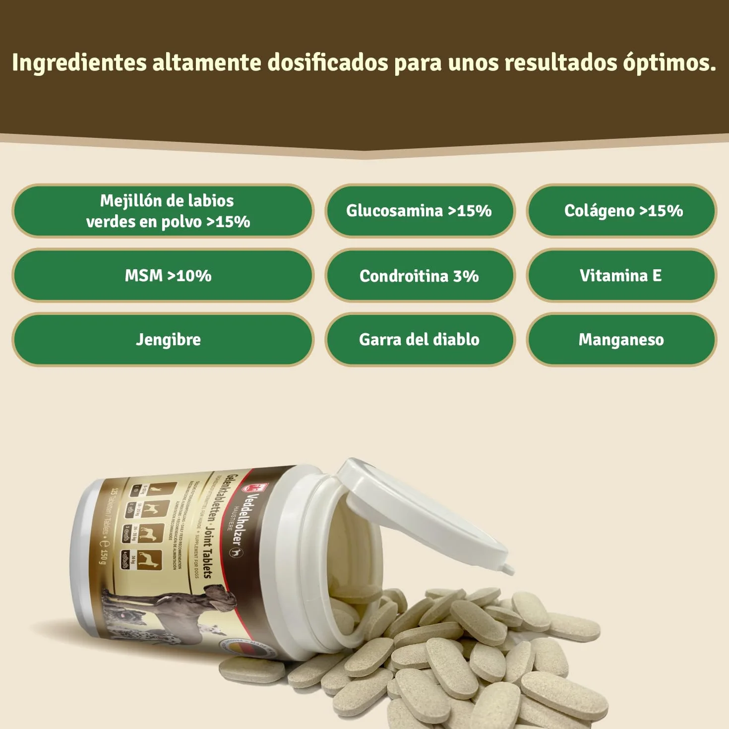 Veddelholzer condroprotector glucosamina MSM colágeno hialurón 125 cápsulas perros articulaciones