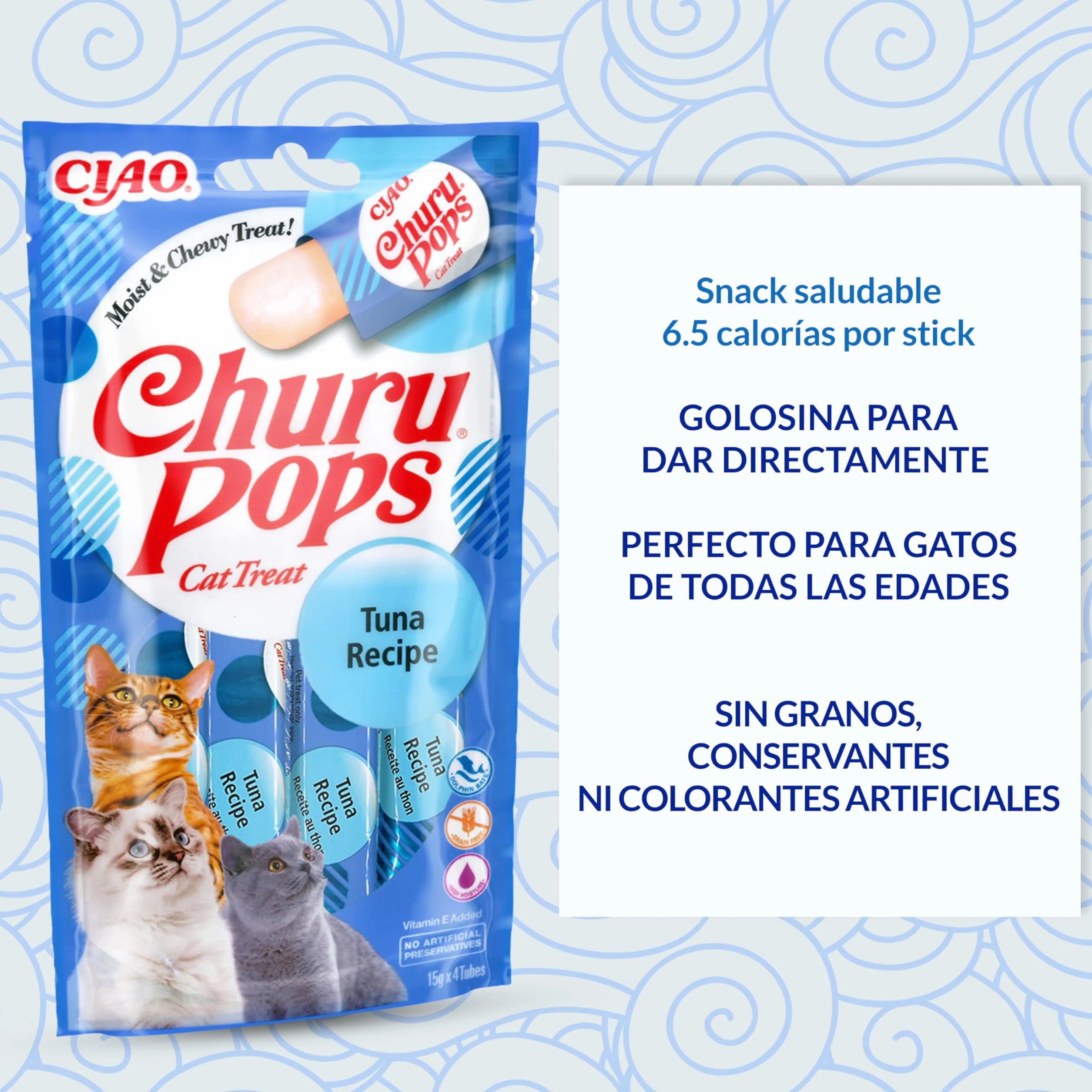INABA Churu Pops Gatos - Deliciosos Snacks con Sabor a Atún - Golosinas en prácticas porciones - Saludables, sin Conservantes ni Colorantes Artificiales - Pack de 60g (4 x 15g)