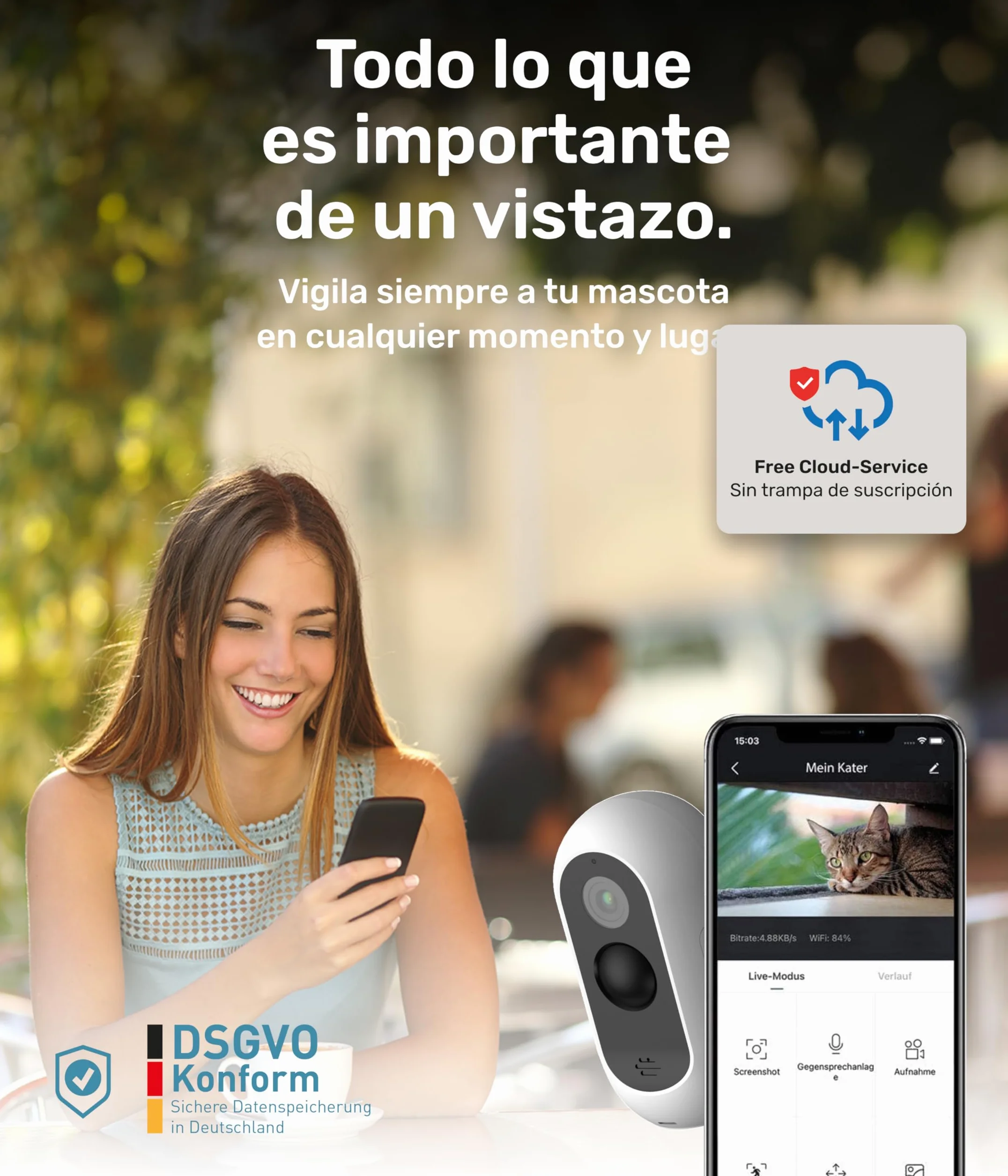PetTec® CAM Free - Cámara Inalámbrica para Mascotas con App [SIN SUSCRIPCIÓN] - para Gatos y Perros, Interior/Exterior - Detección de Movimiento, Función de Voz - Batería hasta 9 Meses sin Cargar