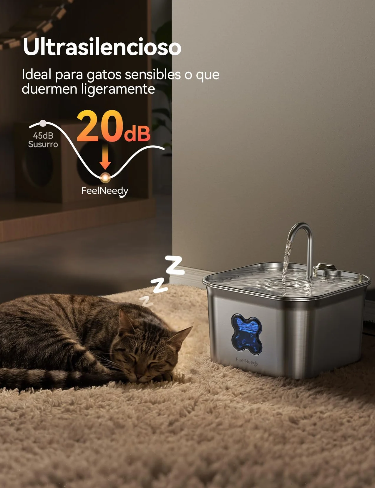 FEELNEEDY Fuente para Gatos Acero Inoxidable 2,8L, Bebedero Gatos con Cable y Filtración de Cuatro Capas, Fácil de Limpiar, Apta para Lavavajillas