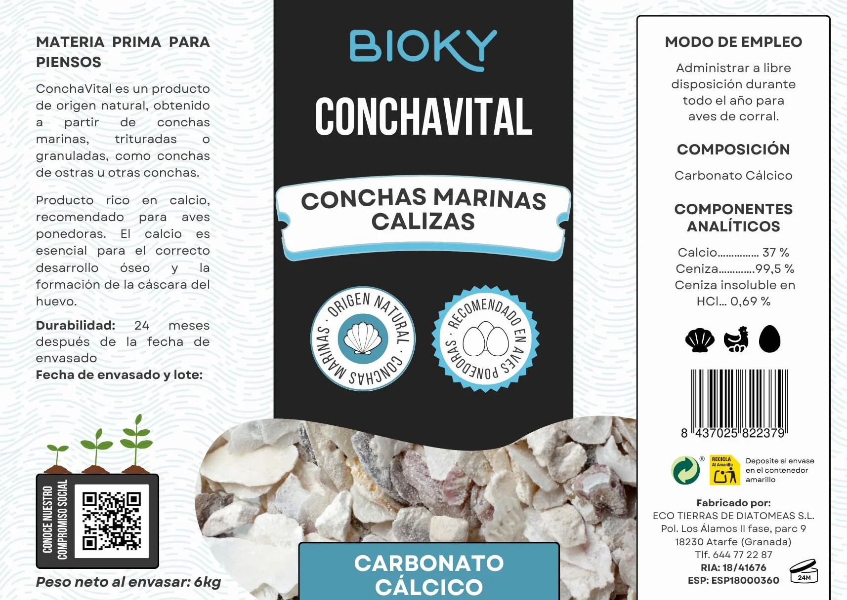 ConchaVital 6kg - Calcio para Gallinas Ponedoras y Otras Aves - Conchilla de Ostra - Pienso +12 Minerales - Mejora Calidad del Huevo, Corrige Carencias Nutricionales y Mejora Productividad
