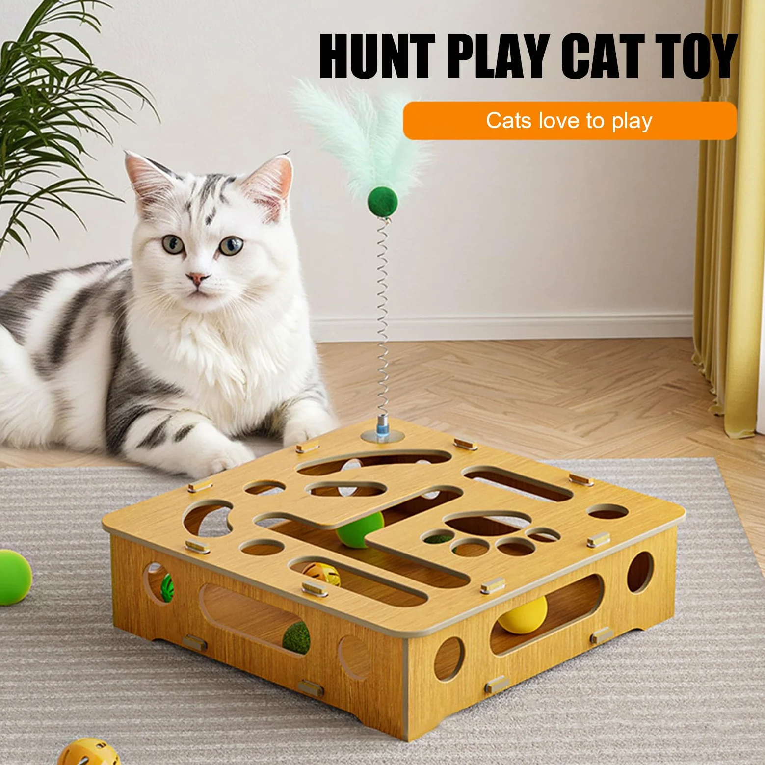 Juguete de rompecabezas para gatos, juguetes interactivos, caja de madera con plumas y bolas, para gatos de interior
