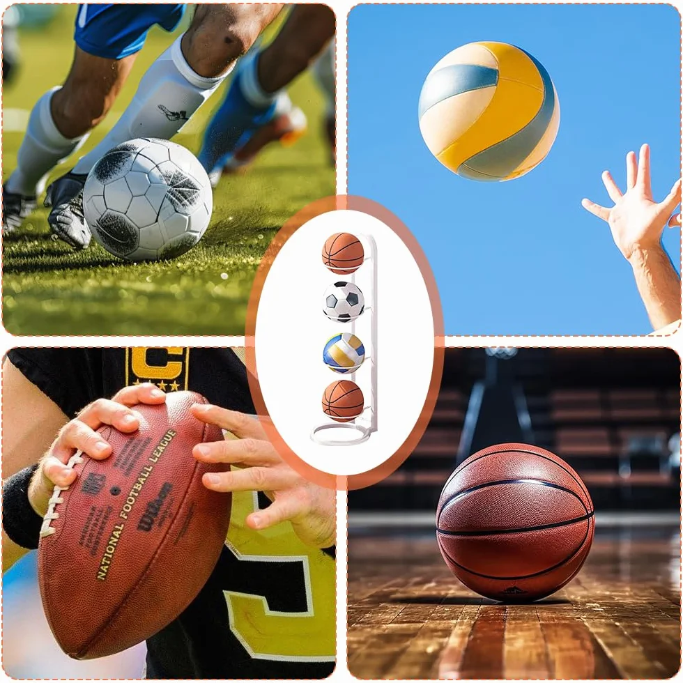 Soporte vertical para balones de metal, estante de 4 niveles para voleibol, baloncesto, fútbol (blanco)