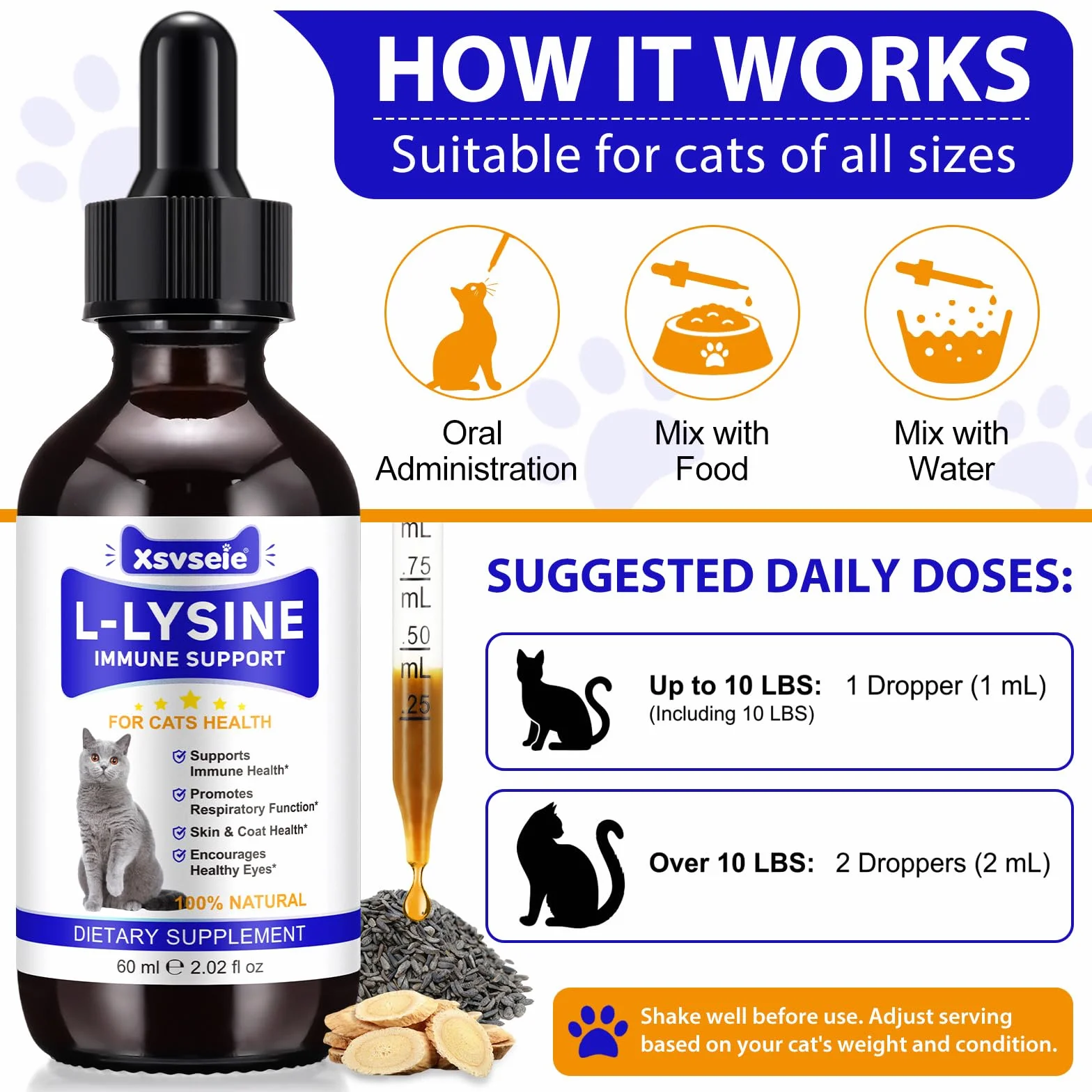L-Lisina para Gatos, 60ML Lisina Gatos Aliviar Alergias en Gatitos, Estornudos, Gripe Felina, Antibióticos para Gatitos con Vitaminas y Minerales