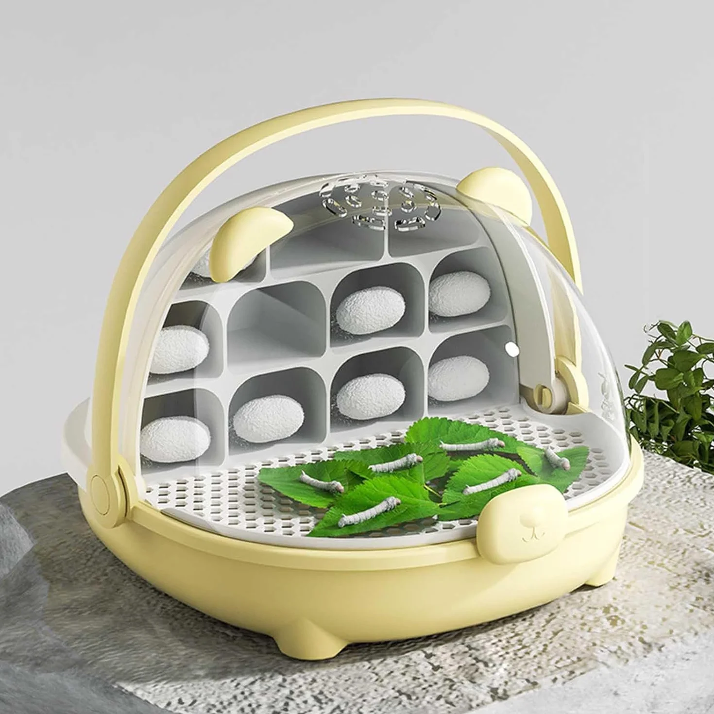 Caja de Crecimiento de Gusanos de Seda, cápsula Espacial para la cría de Gusanos de Seda, Jaula de hábitat Animal, Tanque de Reptiles, Caja de alimentación Transparente portátil con asa (Amarillo)
