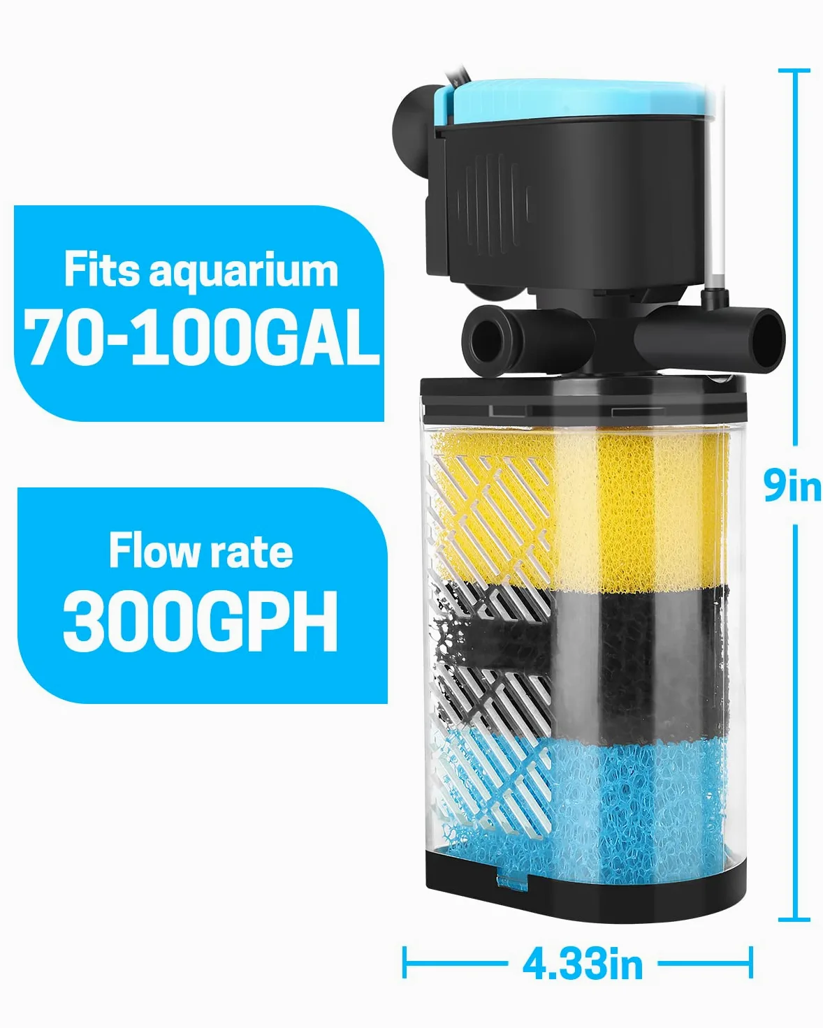 AquaMiracle Filtro de acuario de 3 etapas, filtro interno para peceras, filtro de tortuga para tanques de peces de 70-100 galones con doble salida de agua y aireación