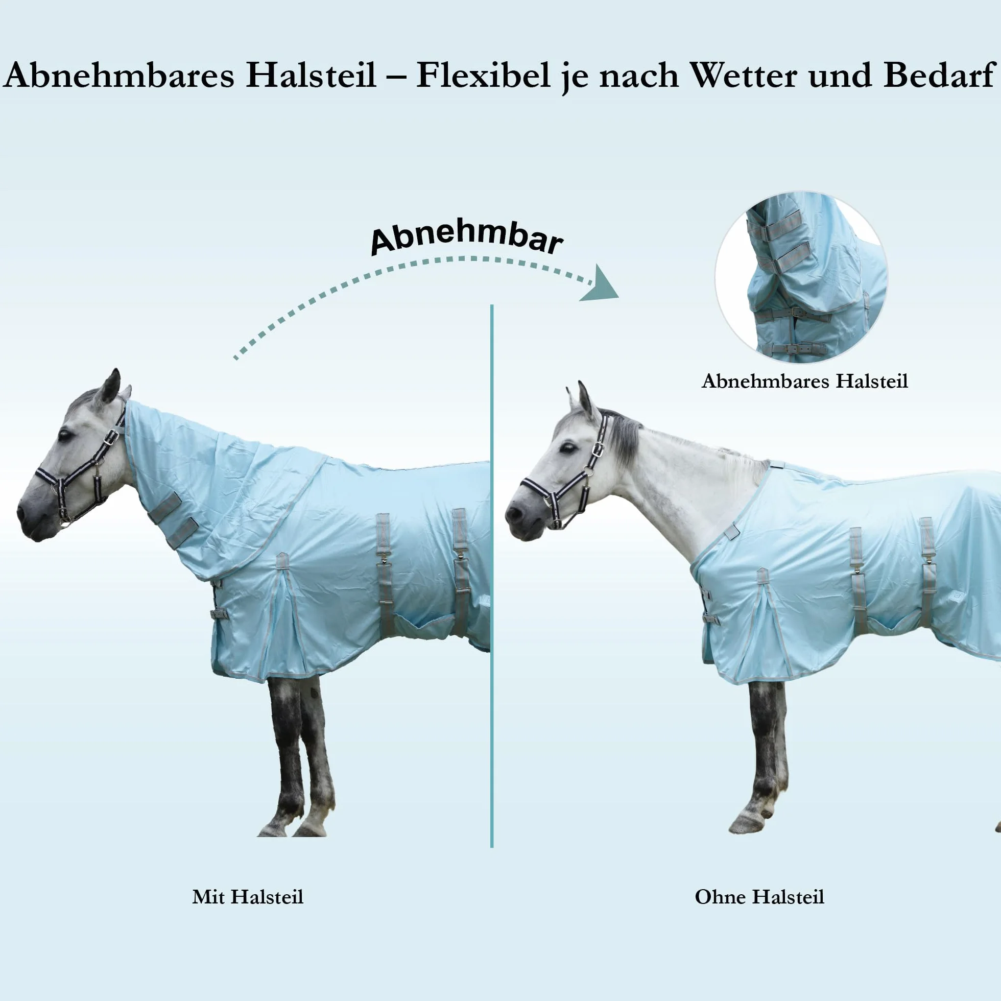 Manta antimoscas para caballos con parte del cuello, transpirable, ligera y resistente al desgarro, color azul, 155 cm