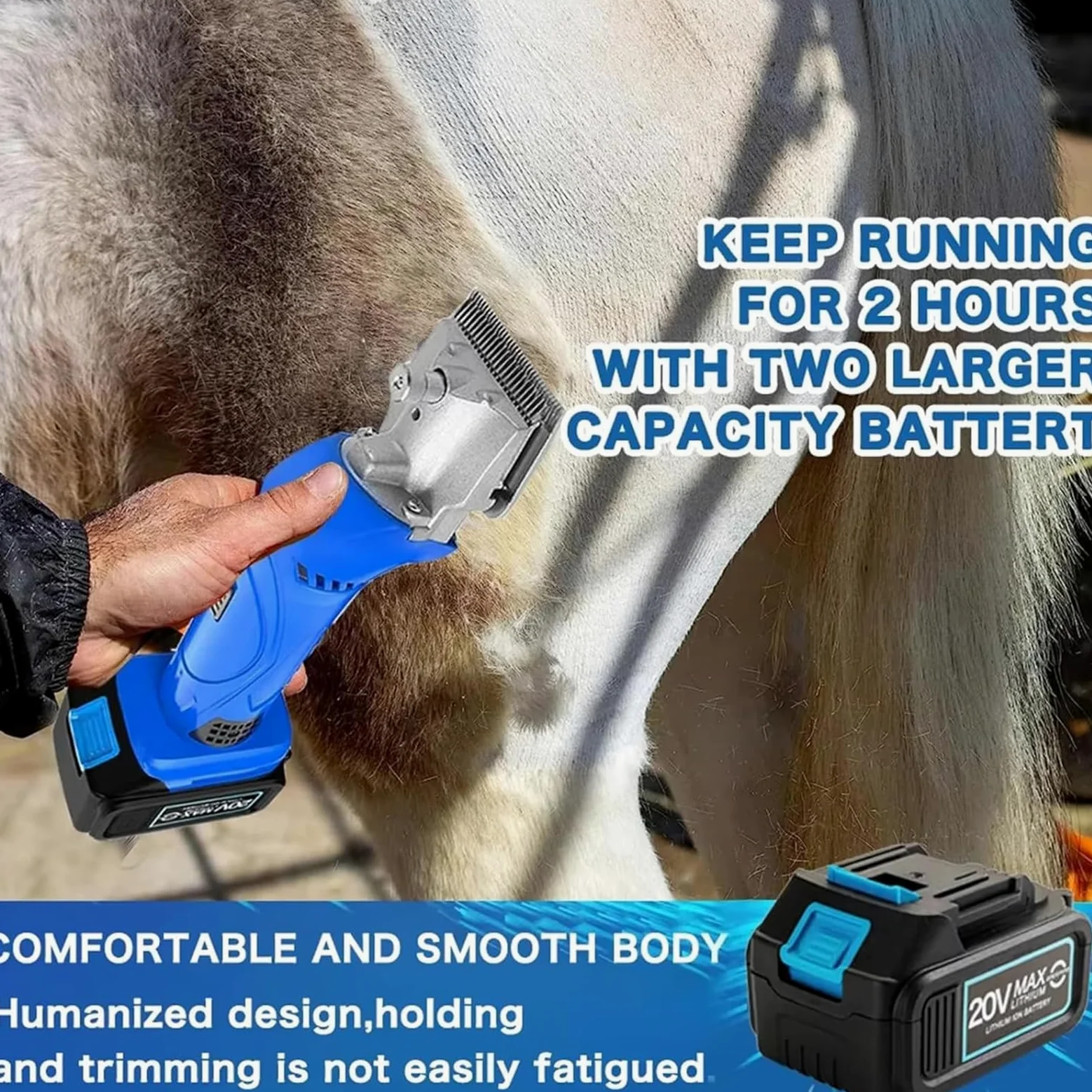 Esquiladora Inalámbrica para Caballos 500W, Cortadora Eléctrica de Grooming con 2 Baterías, Ajustable en 6 Velocidades, Cuchillas Desmontables de Acero al Carbono, para Caballos y Ponis de Pelo Grueso