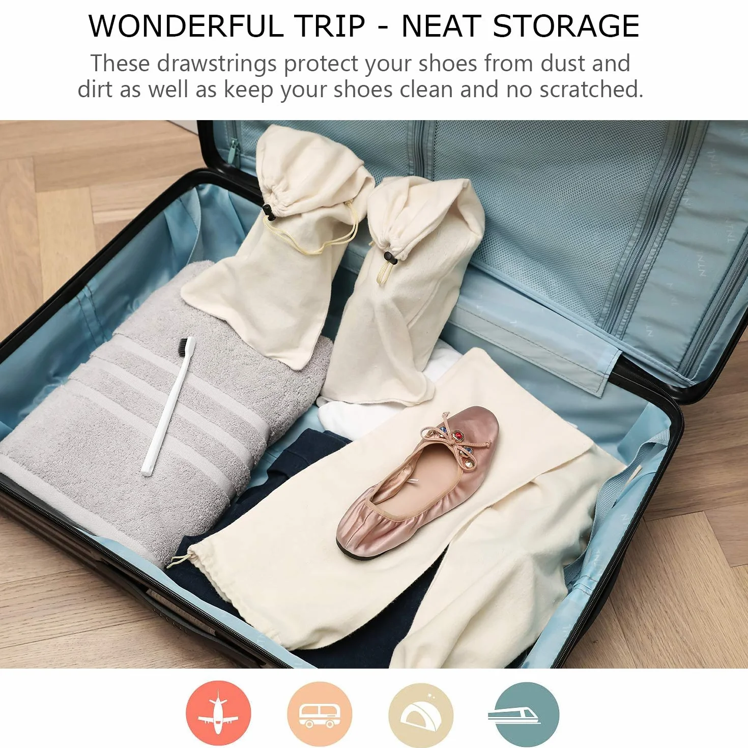 Bolsa para Guardar Zapatos 100% Algodón con Cordón, Juego de 4 Piezas para Viaje y Almacenamiento