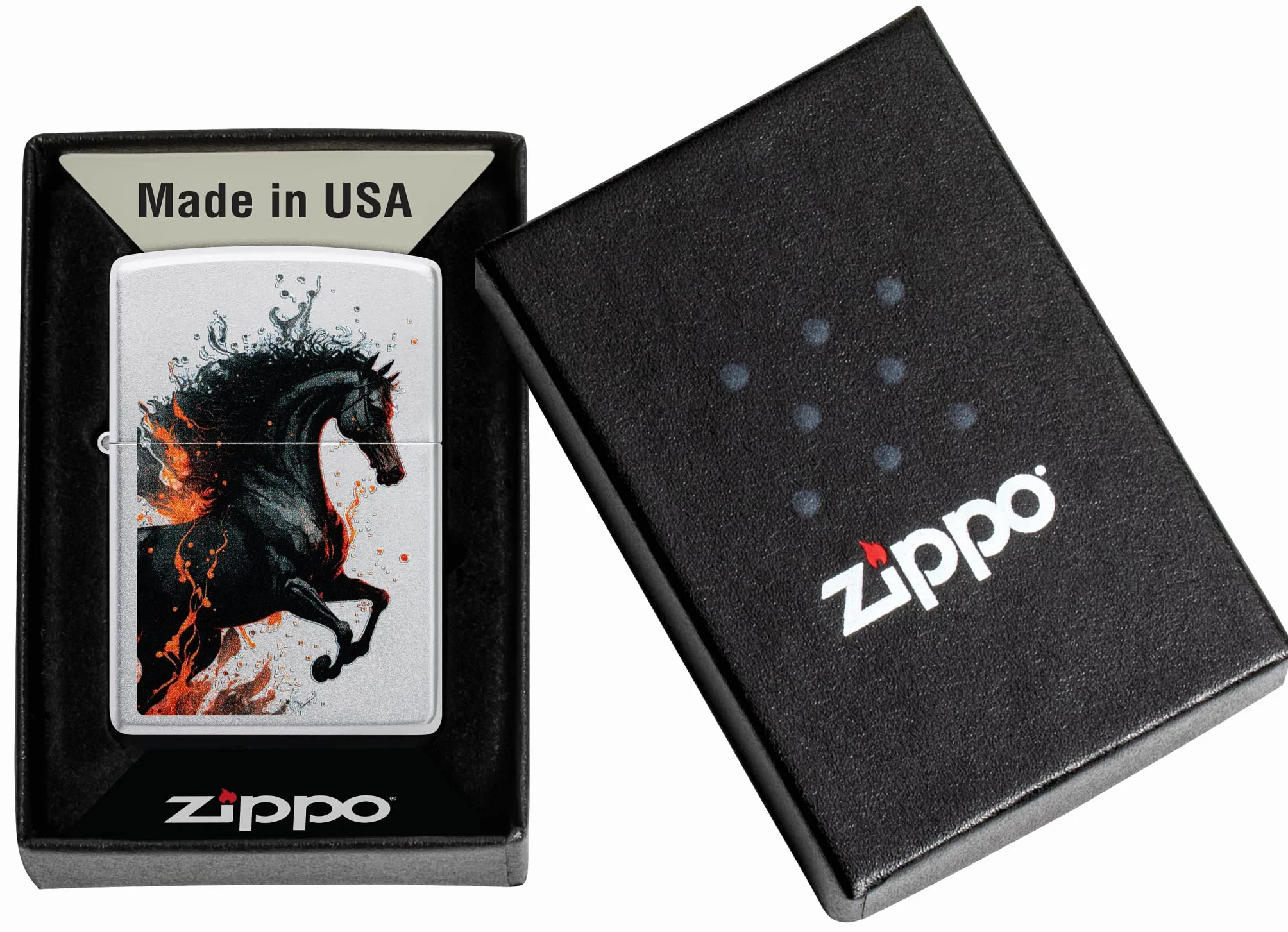 Zippo Fire Horse Windproof Lighter Satin Chrome Color Image Rechargeable Reusable Gift Box Made in USA