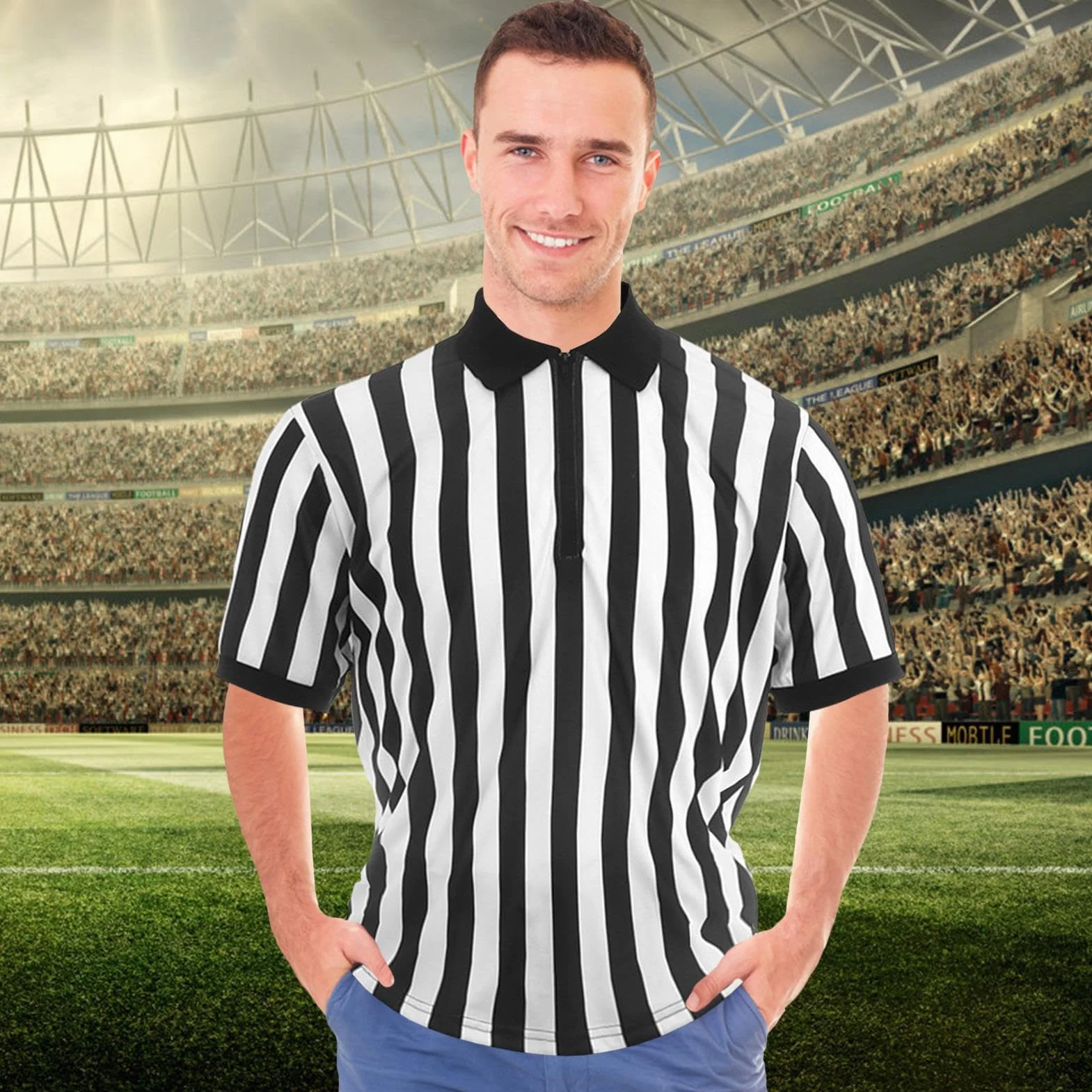 Camiseta Oficial De Árbitro De Fútbol Manga Corta A Rayas Blancas Y Negras Con Cuello Invertido