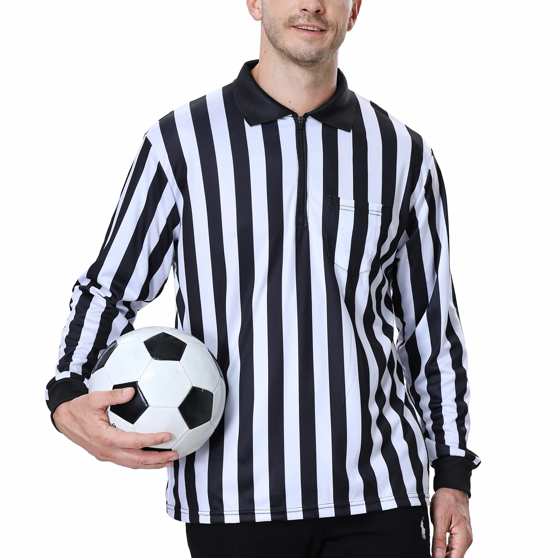 TopTie Camiseta árbitro Manga Larga Deporte Ropa Cremallera 1/4 Rayas Negras y Blancas