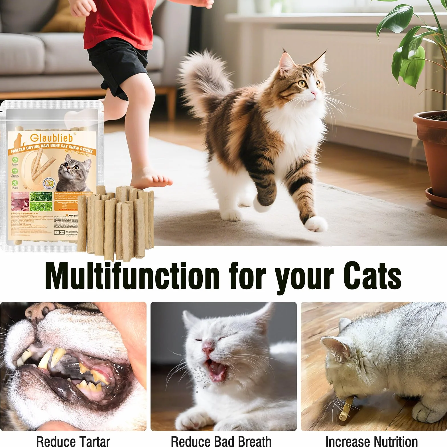 50g Palitos Masticar Liofilizadas para Gatos, Snacks Gatos Barritas Dentales contra el Mal Aliento y Acumulación de Sarro (50g)