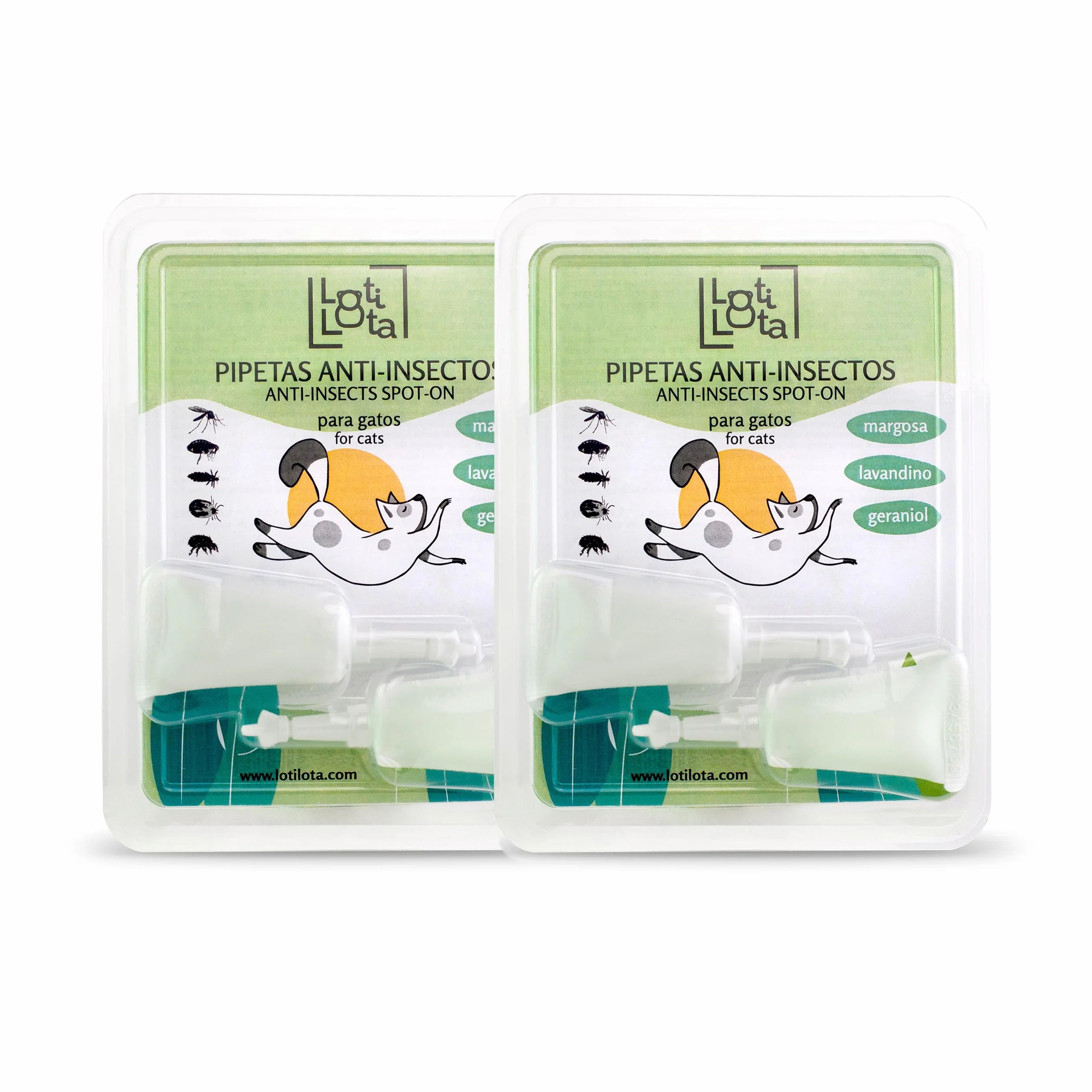 Pipetas Anti-Insectos para Gatos - Pack 2 Blister (4 Pipetas Total) - Activos 100% Naturales - Contienen Margosa, Geraniol, Lavandino - Ingredientes Naturales - Pulgas, Garrapatas e Insectos