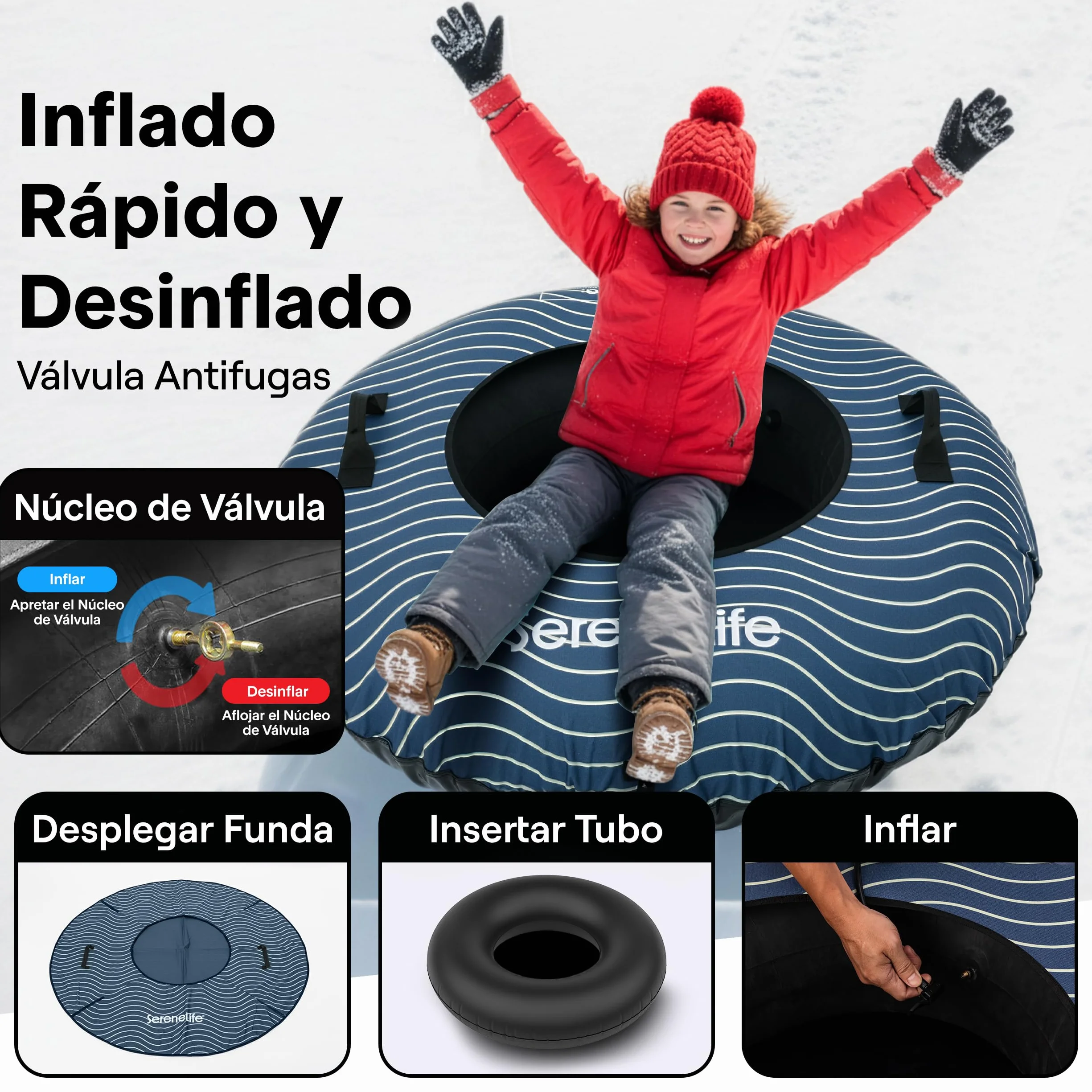 SereneLife Snowtube 101/112/122 cm Trineo Inflable para Niños y Adultos con Base de Plástico Resistente