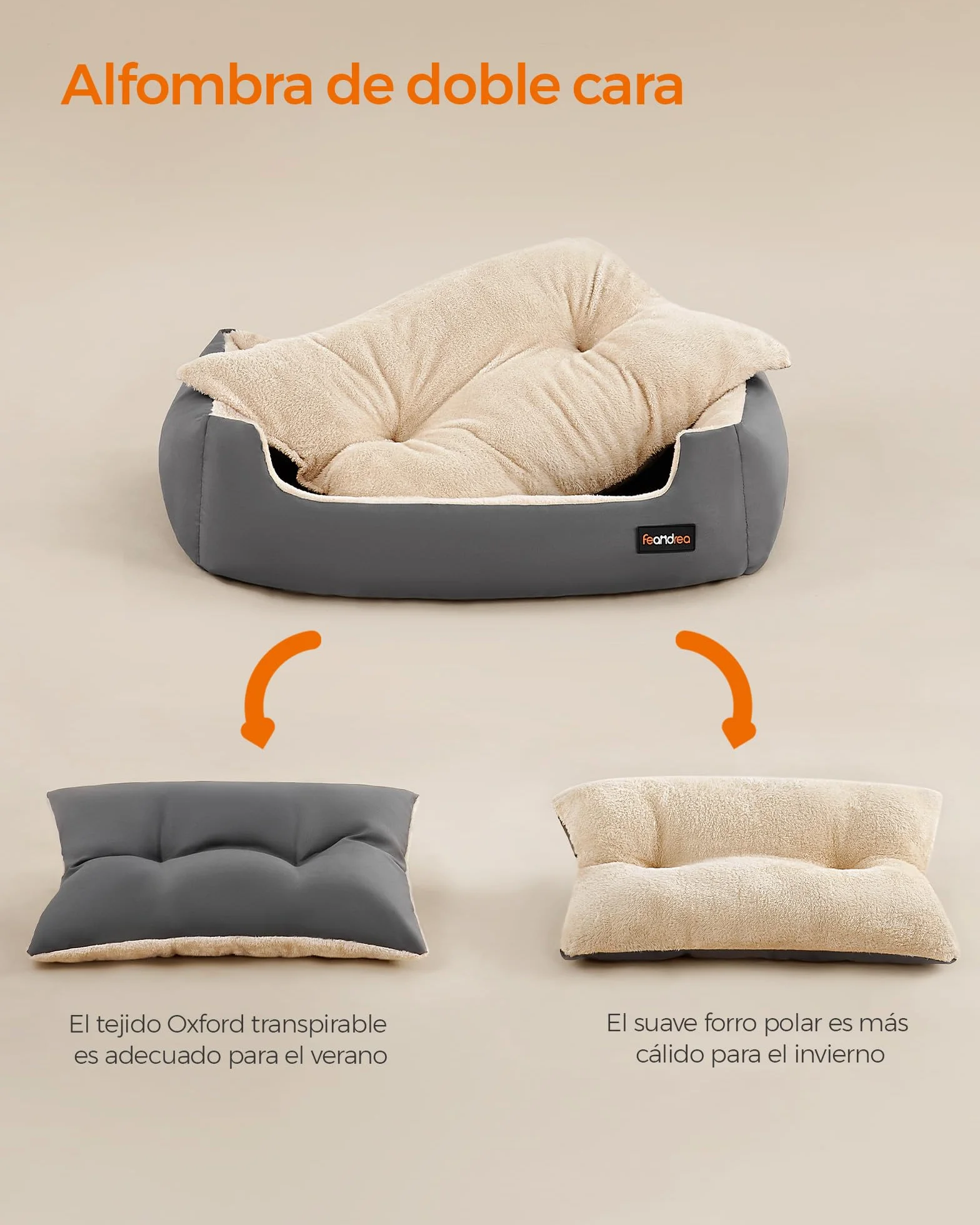 Feandrea Cama para Perros, Sofá Cama para Mascotas, Alfombra Extraíble y Reversible, Bordes Elevados, Base Antideslizante, Talla M, 70 x 55 x 21 cm, Gris Paloma y Beige Arena PGW003G01