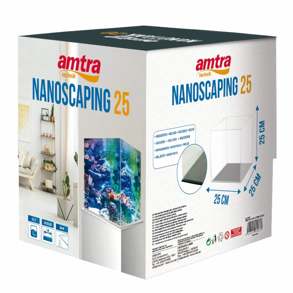Amtra Nanoscaping - Tanque De Acuario 15 Litros - Caja De Cristal Extra Claro 25X25X25 Cm - Tanque Para Peces Dorados O Como Tortuga Tanque Para Tortugas De Agua Con Tapete Amortiguador Incluido