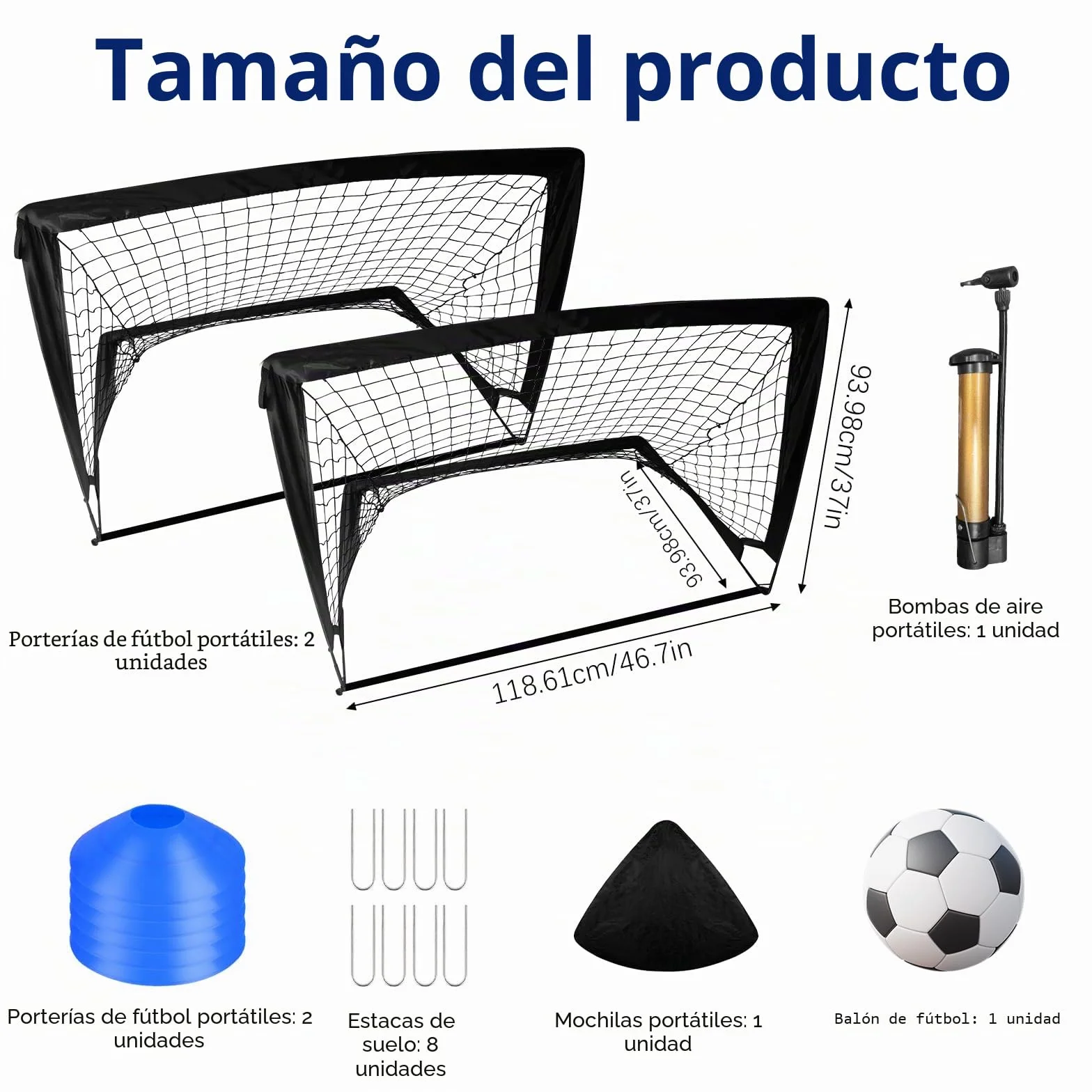 Portería de fútbol plegable 2 unidades con barras de fibra de vidrio y bolsa de transporte