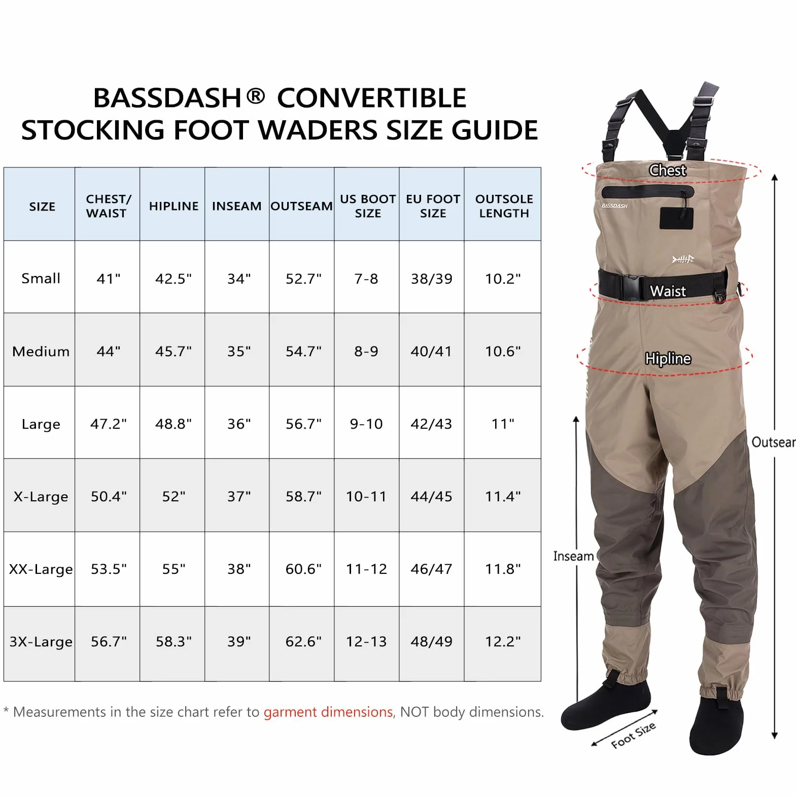 Bassdash Waders Convertibles Pecho/Cintura Traspirables Pesca Caza Calcetín Integrado