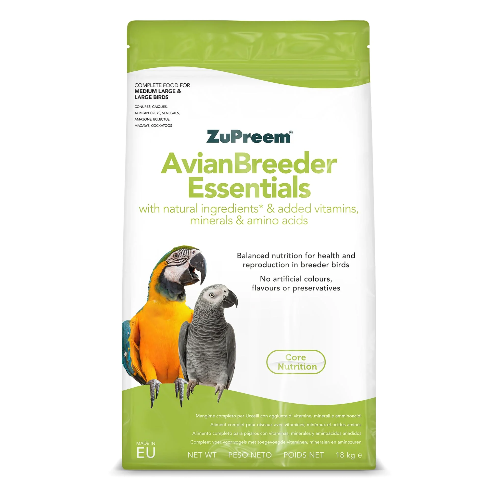 ZuPreem Essentials Breeder Alimento para Aves de Tamaño Mediano-Grande y Grande - Pienso para Pájaros Indicado para la Cría de Cotorras, Loros Grises, Guacamayos, Cacatúas y Caiques -18 kg