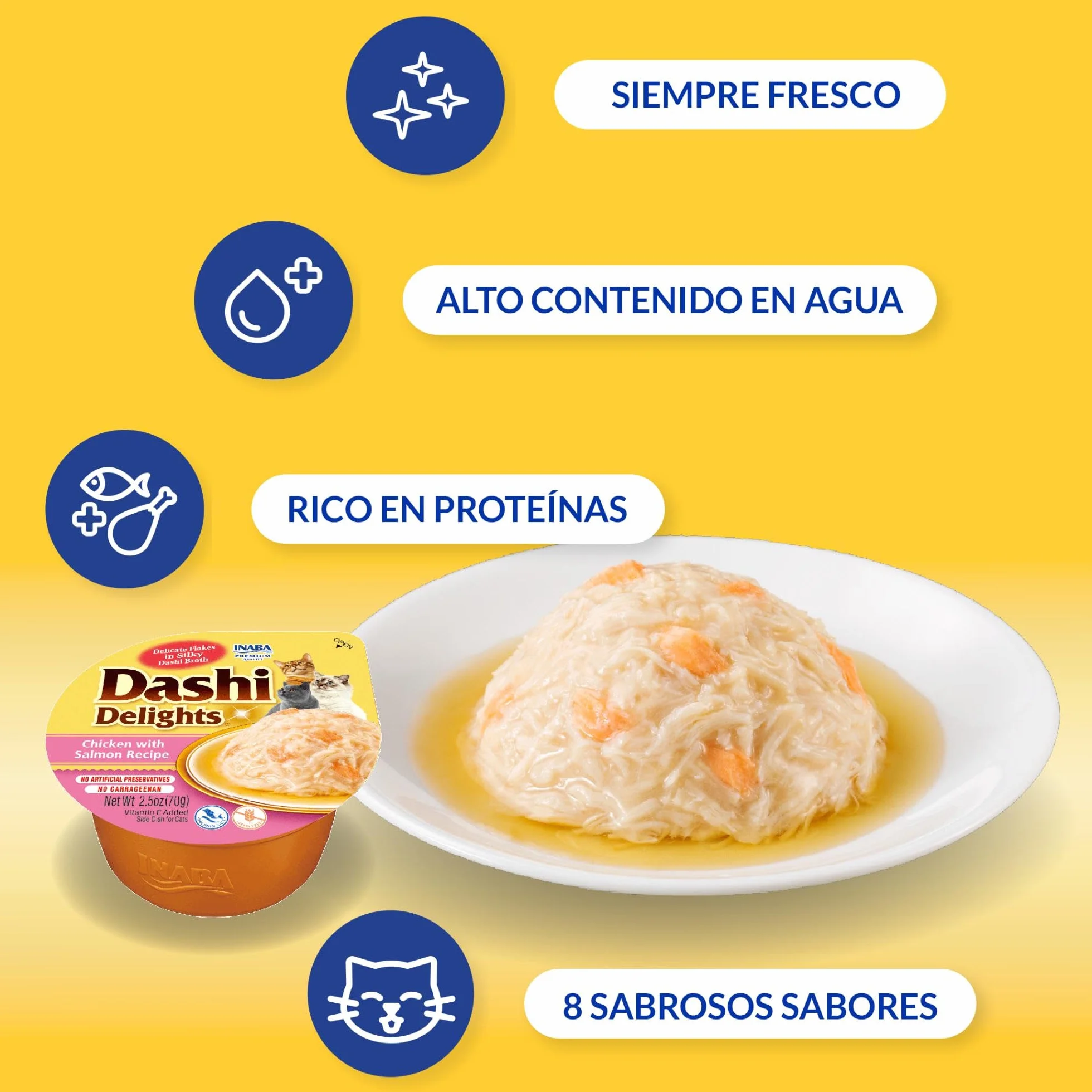 INABA Dashi Delights - Trozos en un Caldo de Copos de Bonito con Pollo - Topping - Alto Contenido en proteínas - Ingredientes Naturales - Comida para Gatos - 70 g