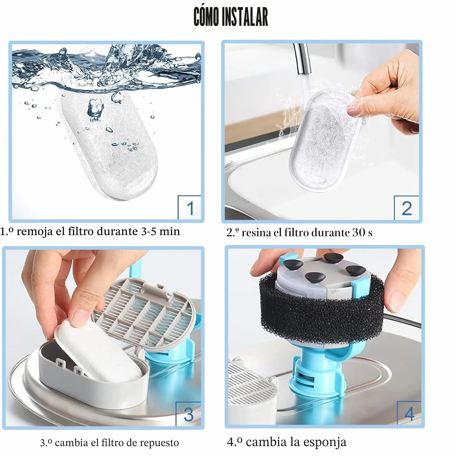 16 Filtros de Fuente de Agua para Gatos, Paquete de 8 Filtros de Fuente para Gatos de Repuesto con 8 Esponjas, para Dispensador de Agua de Acero Inoxidable para Mascotas de 2L/3.2L