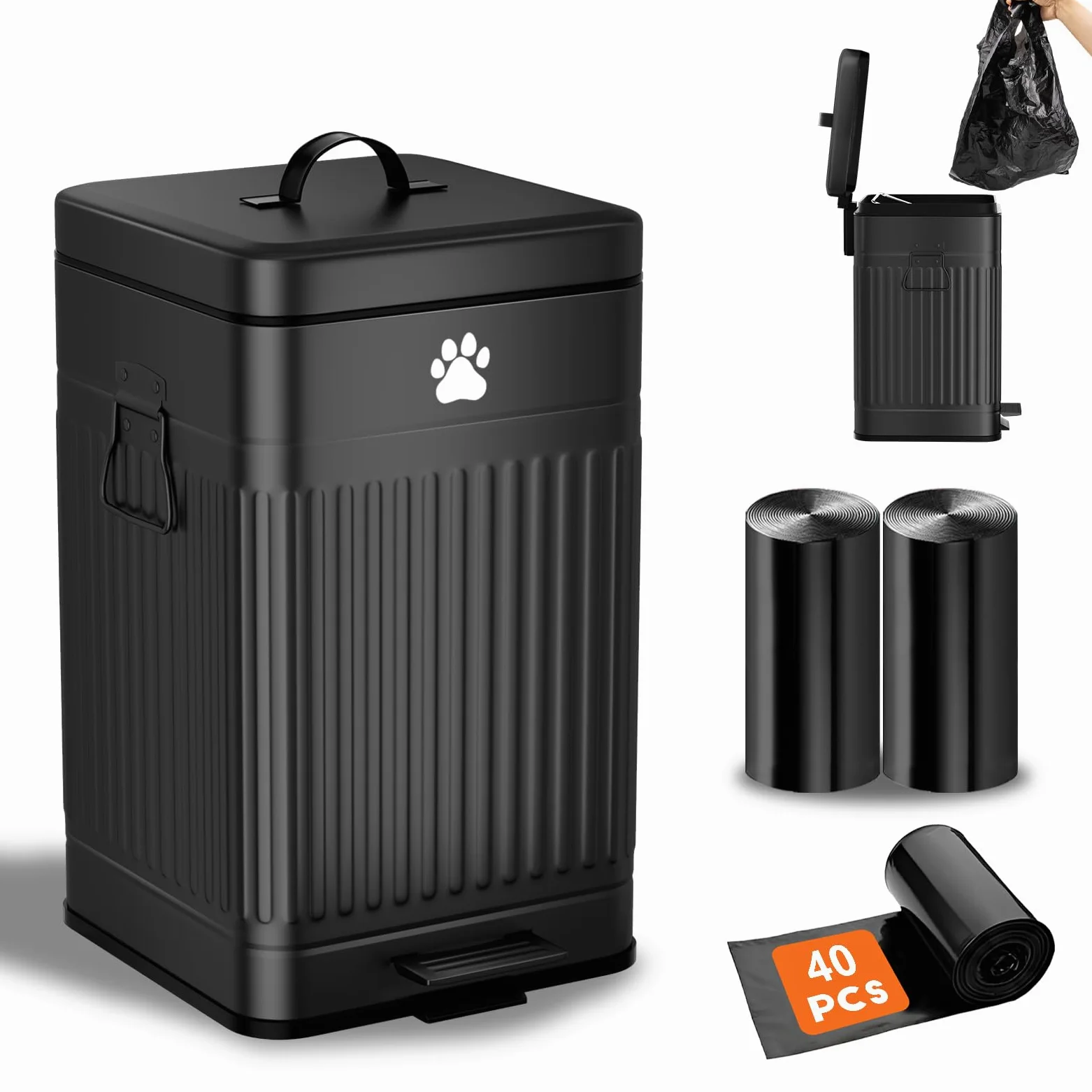 Cubo de basura para excrementos de perro en el exterior, cubo de basura de metal de 12 L/3.1 galones con tapa, pedal de pie, contenedor de residuos para perros con 40 bolsas de residuos