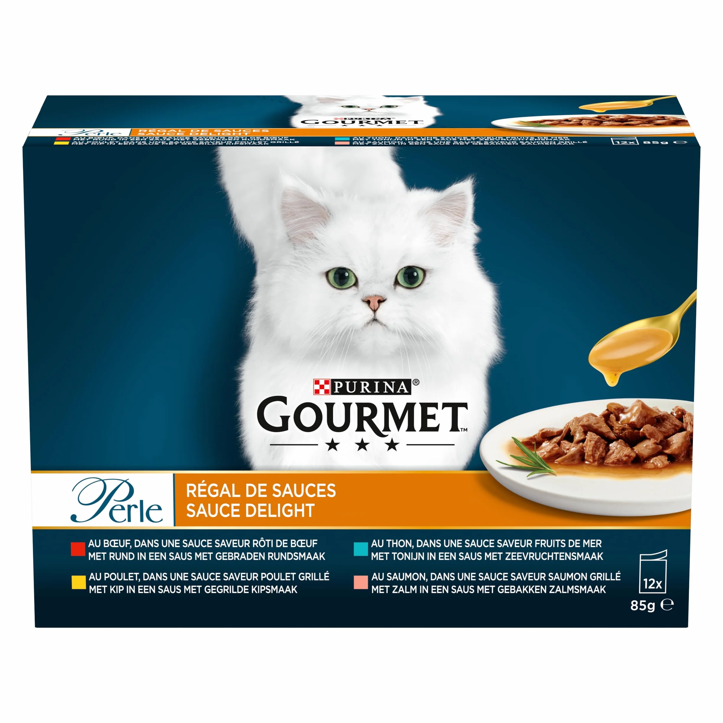 Gourmet Perla | Regal DE Salsas | Gato Adulto | Carne, Pollo, Atún, Salmón | 12 x 85 g| Bolsa Fresca