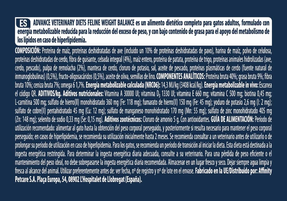 Advance Veterinary Diets Weight Balance, Pienso para Gatos con Problemas de sobrepeso, 8kg