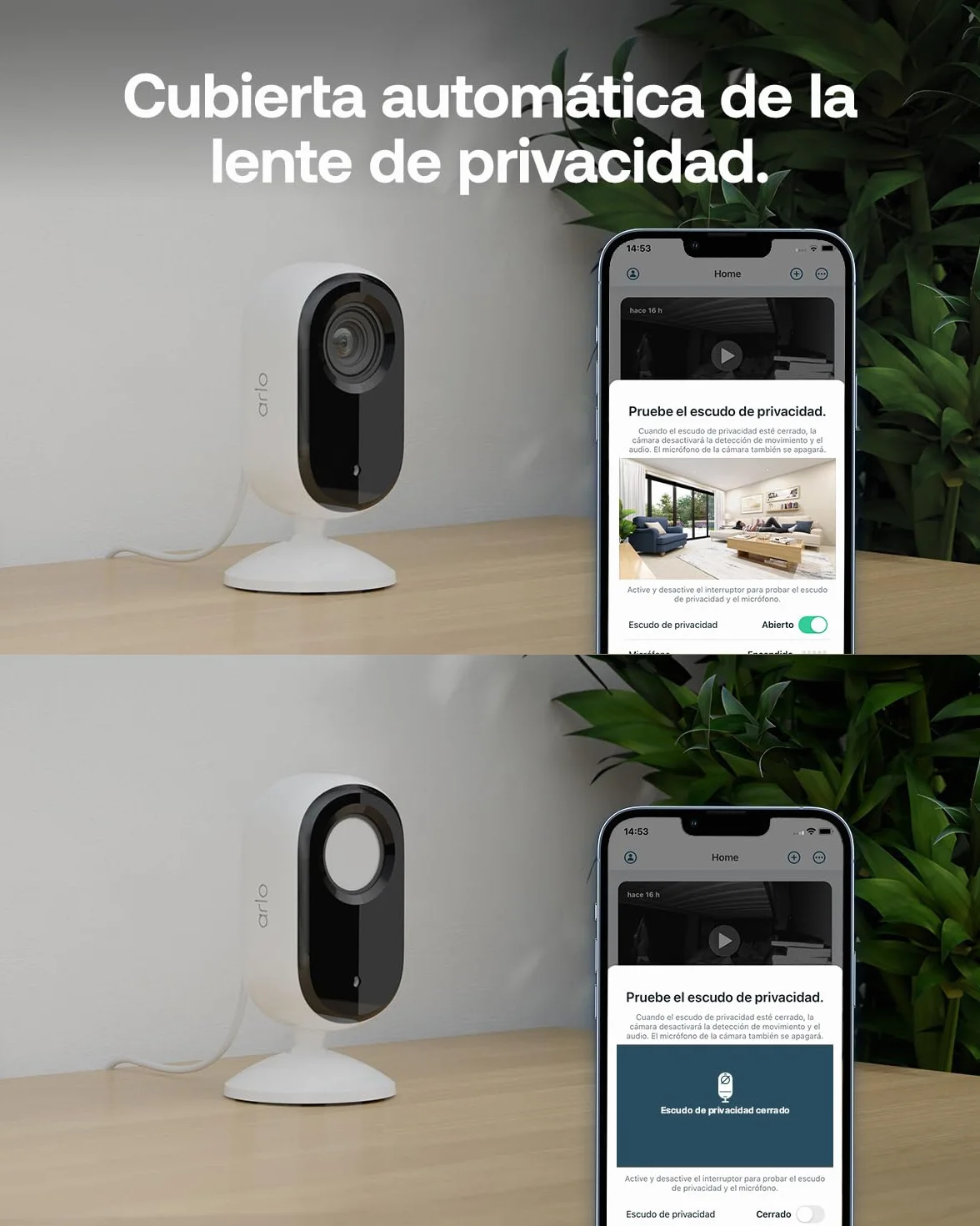 Arlo Essential 3 Indoor Camara Vigilancia Bebe/Mascotas HD, Sensor de Movimiento, Alarmas para Casa, Visión Nocturna, Prueba Secure Incluida, con Cubierta de Lente automática, 2 Cámaras, Blancas