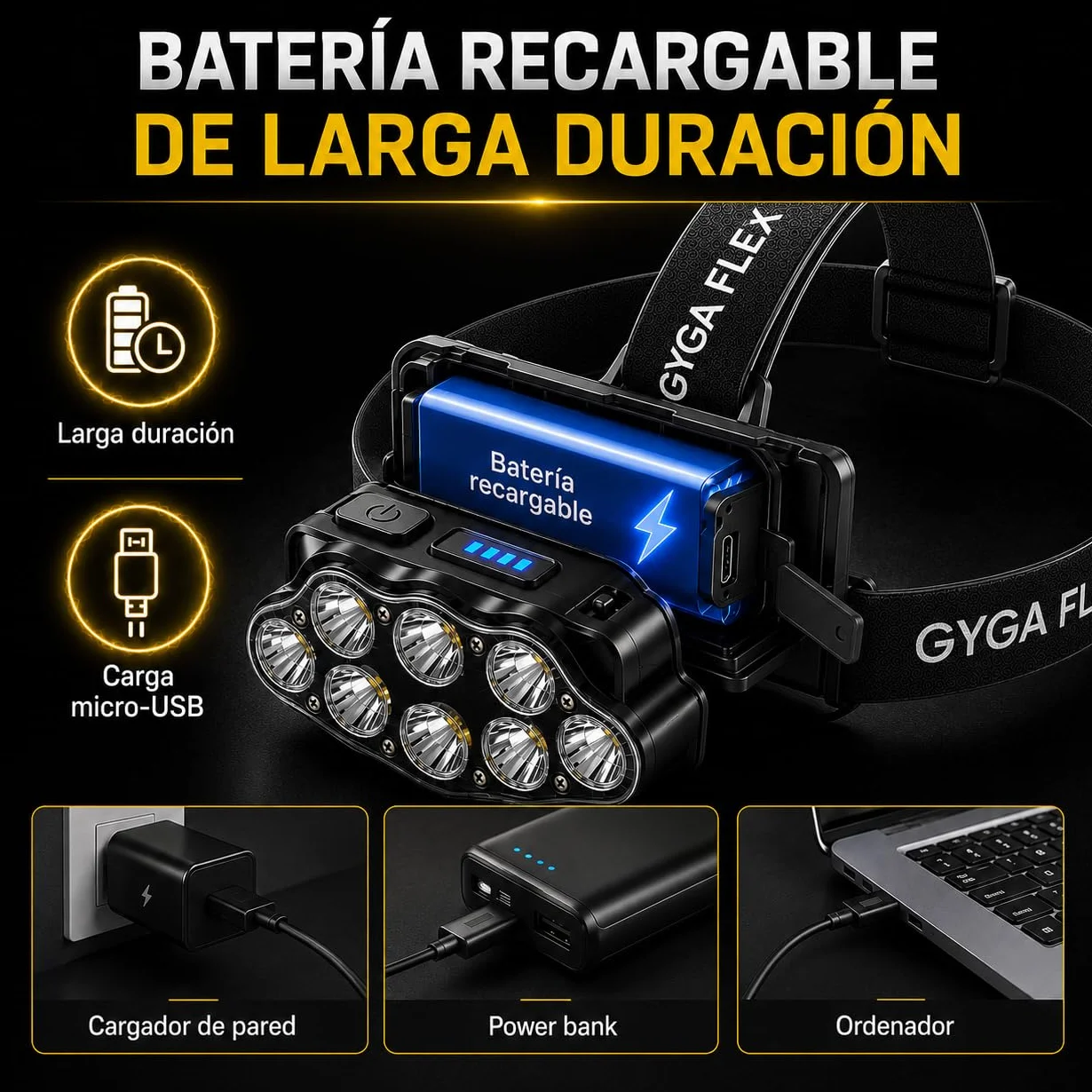 Linterna Frontal LED Recargable 4 Modos IPX20 100 Metros Ajustable 90°