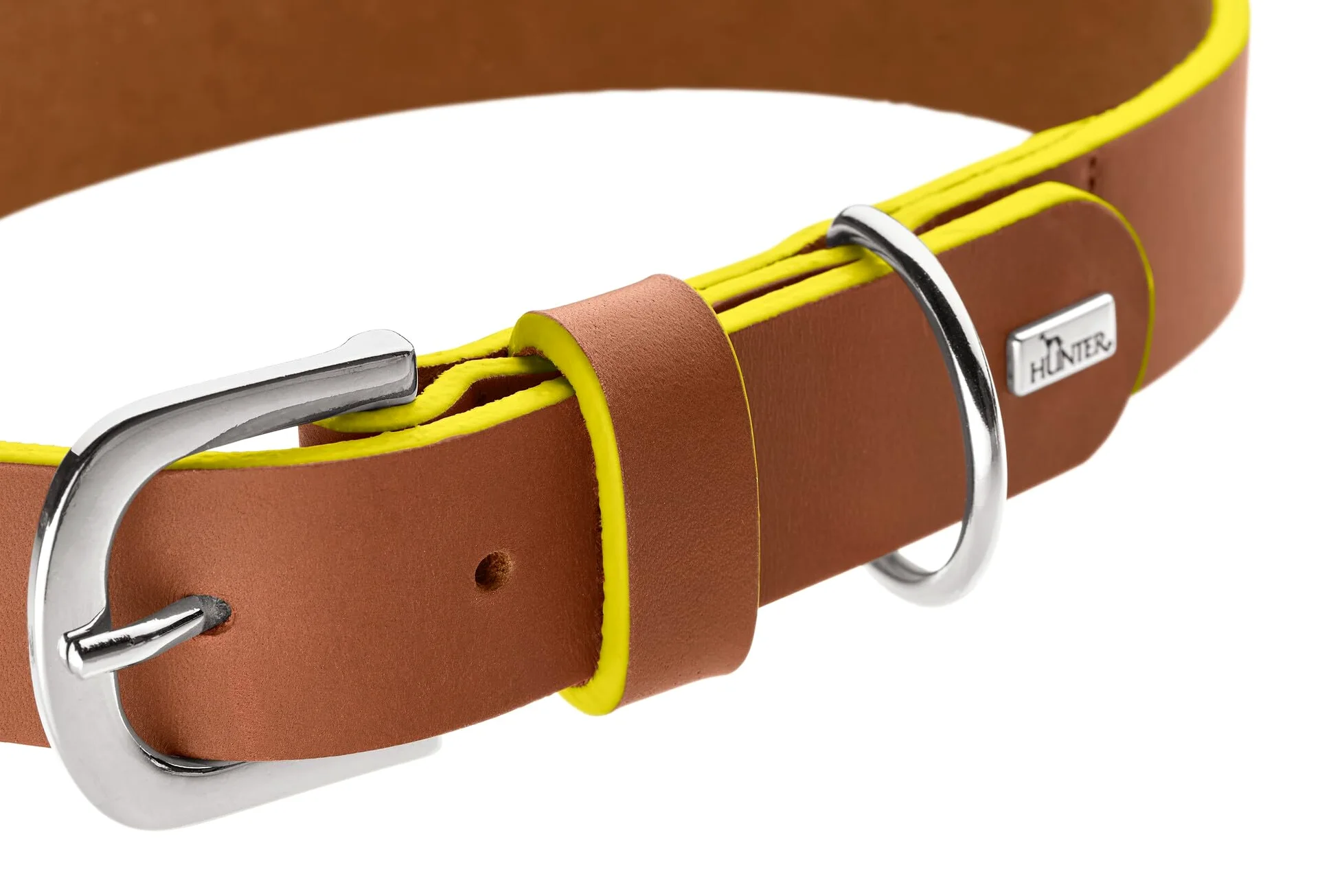 Hunter Garda - Collar para Perro de Piel de Vacuno Suave, Resistente y cómodo, con Bordes de Contraste teñidos a Mano, Fabricado en Alemania, Color coñac/Amarillo, Talla 60