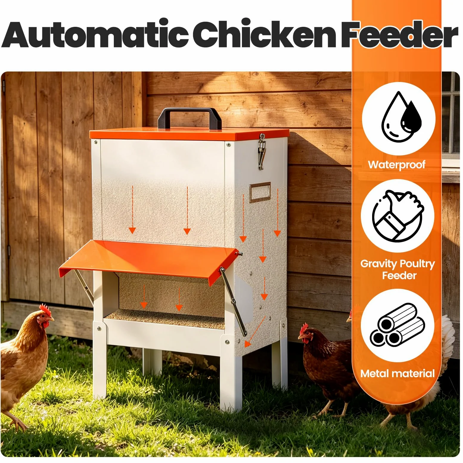 Alimentador automático de pollos colgante de metal de 30 libras, comedero para patos, para exteriores, grandes comederos para patitos al aire libre, sin residuos, alimentador automático para