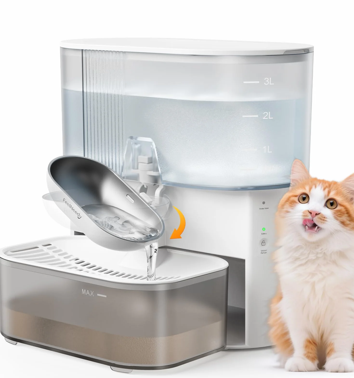 FEELNEEDY Fuente para Gatos Sin Filtro e Inalámbrica con Batería 2000mAh, Separa el Agua Limpia del Agua Usada, Cuenco de Acero Inoxidable, Bebedero Gatos Sin Cable 3,5L, Blanca