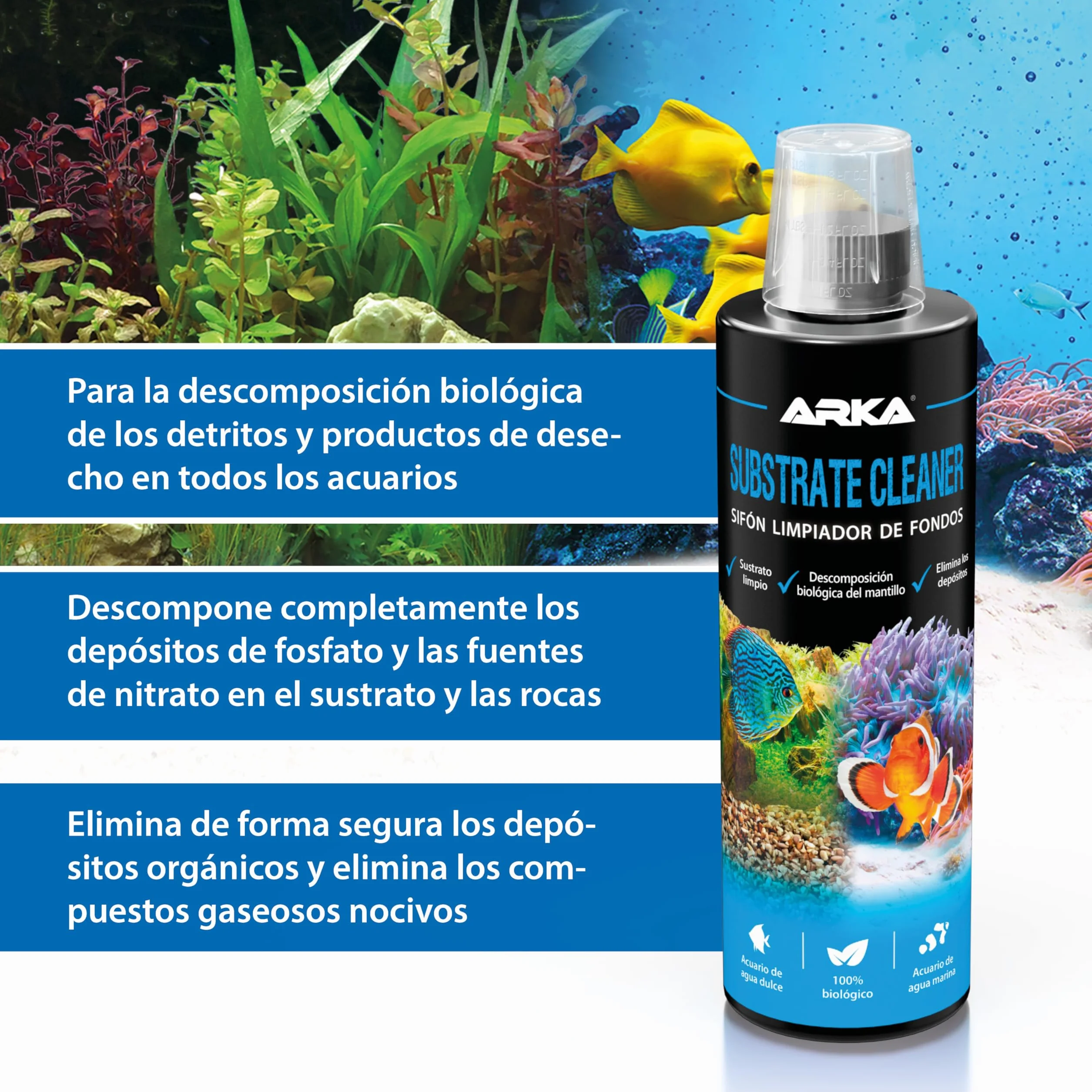 Limpiador Fondo Acuario 236 ml – ARKA Substrate Cleaner – 100% biológico con bacterias vivas – Elimina Lodo, restos y Suciedad – sin sifón ni Tubo – Agua Clara en Dulce y Marino