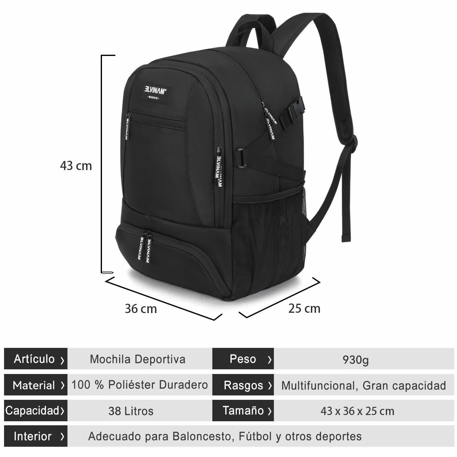 Mochila Baloncesto Impermeable Grande con Compartimento para Balón y Zapatillas