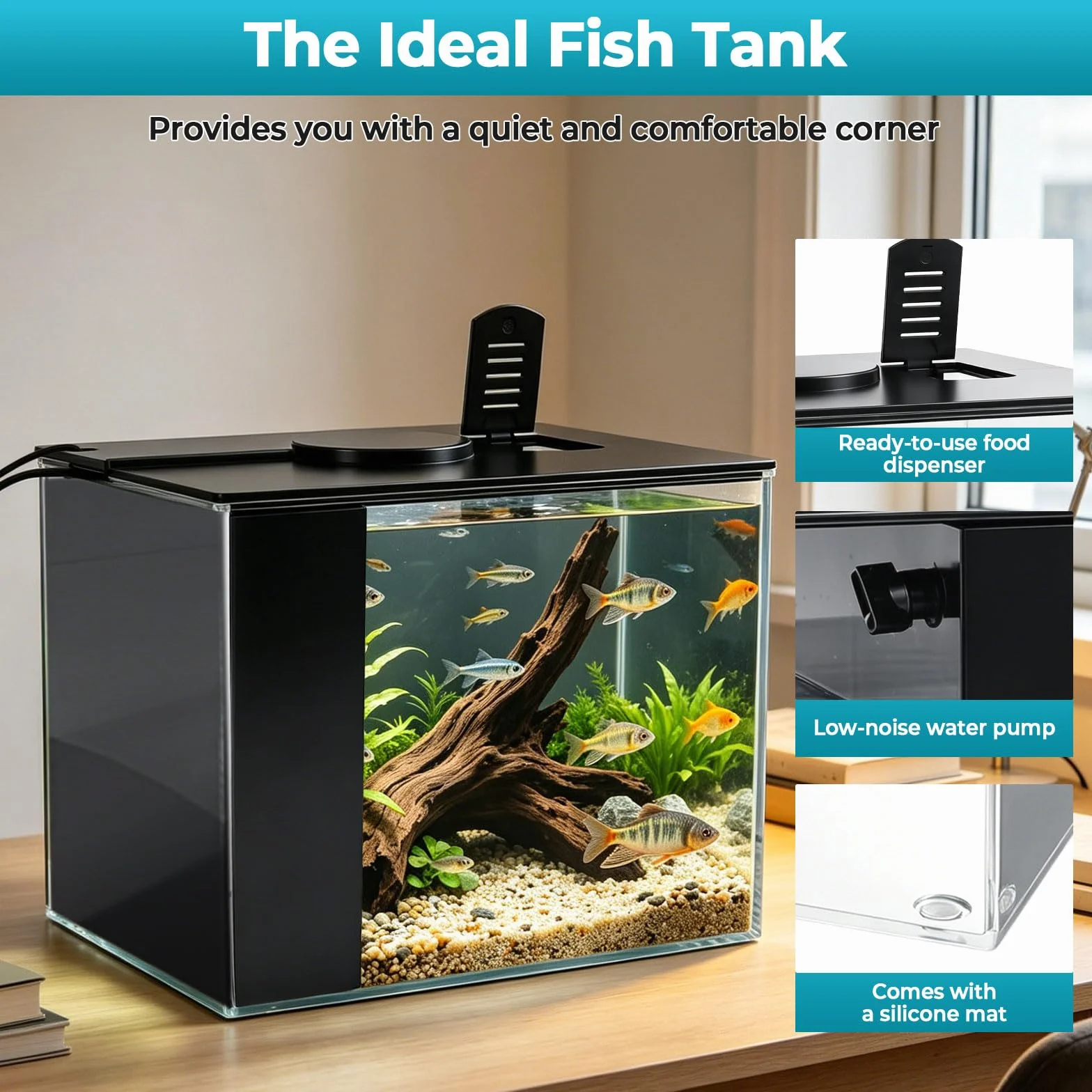 Betta Fish Tank, pequeño acuario de plástico con cubierta y luz LED, kit de inicio de acuario con sistema de filtro, mini pecera de escritorio para camarones Betta