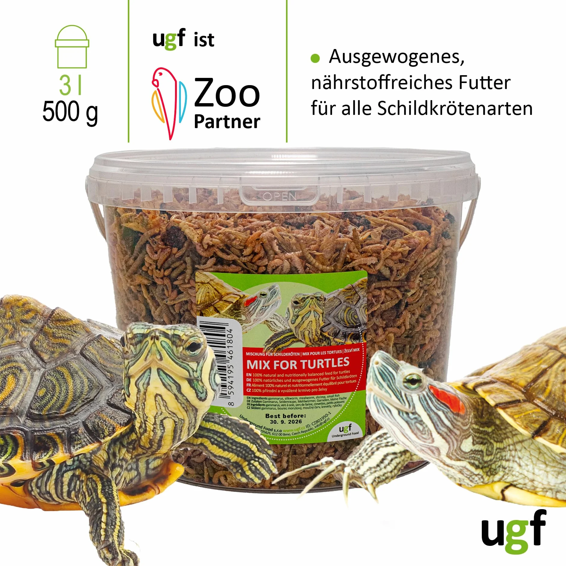 UGF - Mezcla Universal de alimento para Tortugas - 500 g en un Cubo de 3 litros, alimento equilibrado para Tortugas, gammarus, Gusanos de Seda, Gusanos de la harina, camarones y Pescado seco