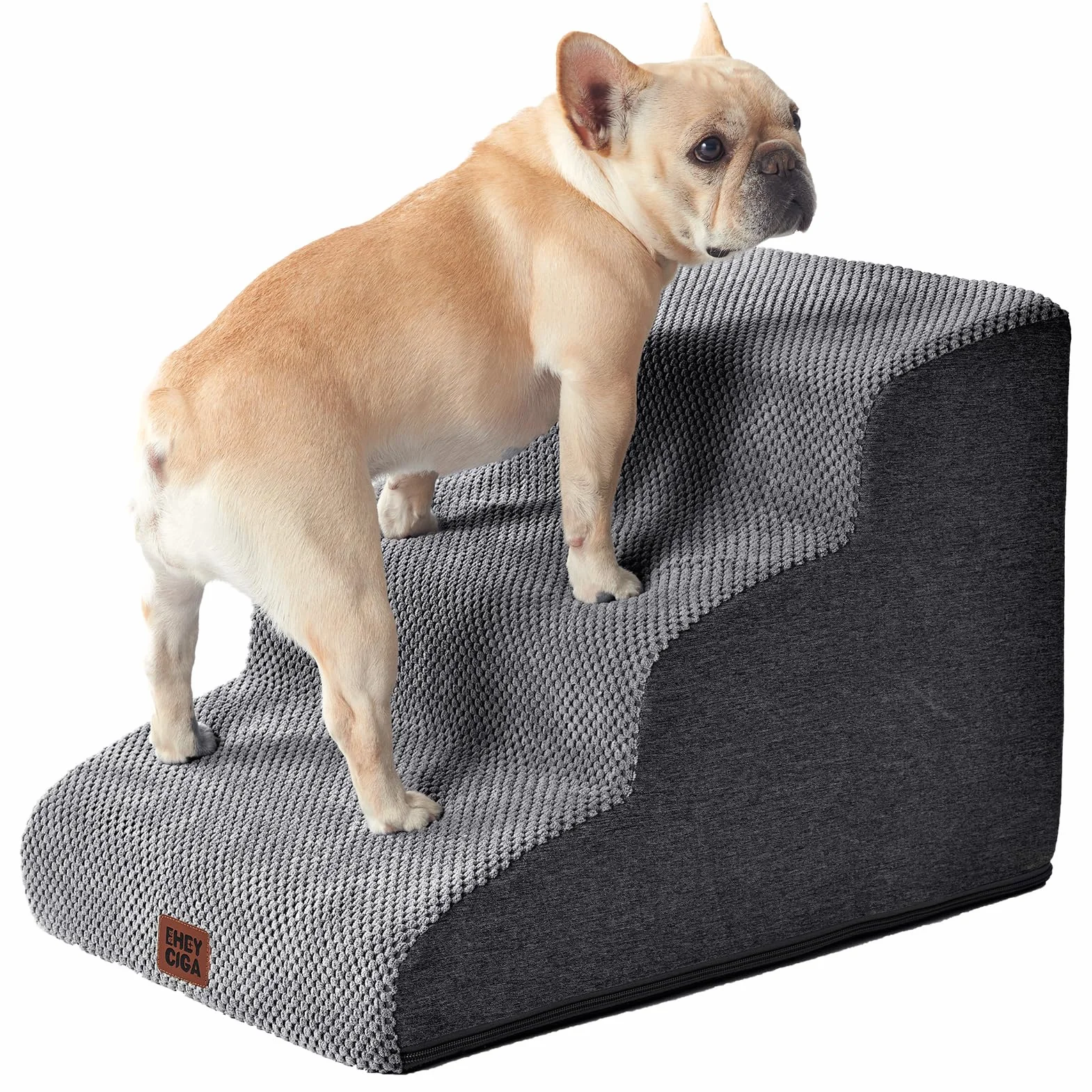EHEYCIGA Escalera para Perros Pequeños 3 Peldaños, 40x57x40 cm, Rampa para Perros de Espuma para Cama, Escalera para Mascotas Mayores con Funda Lavable y y Fondo Antideslizante, Gris