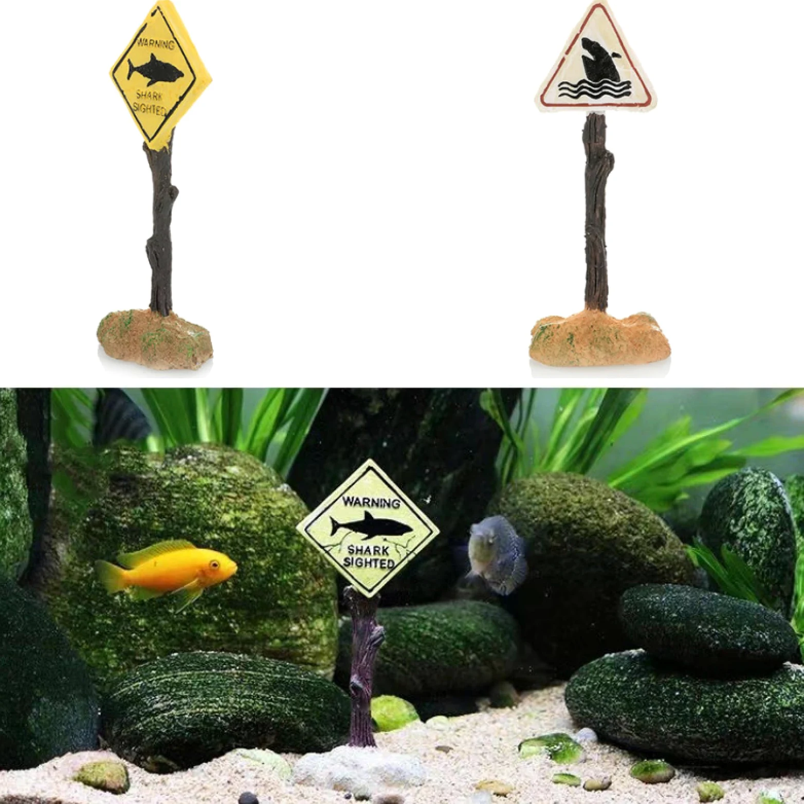 Adornos Decorativos for Acuario, señal de Advertencia tiburón Artificial, Accesorios paisajismo, 2 Piezas 01