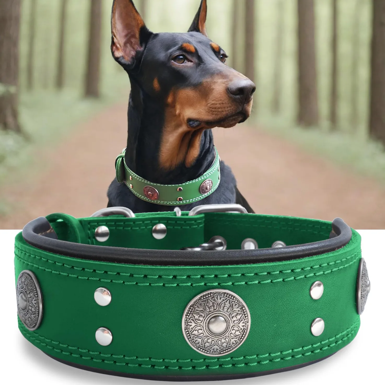 Collar de Cuero para Perro, Collares de Cuero Genuino Resistente de 5 cm de Ancho, Hecho a Mano, Suave y Lujoso, la Mejor opción para Perros de Raza Grande y Media, Color Verde, 22.5-26.5 Pulgadas