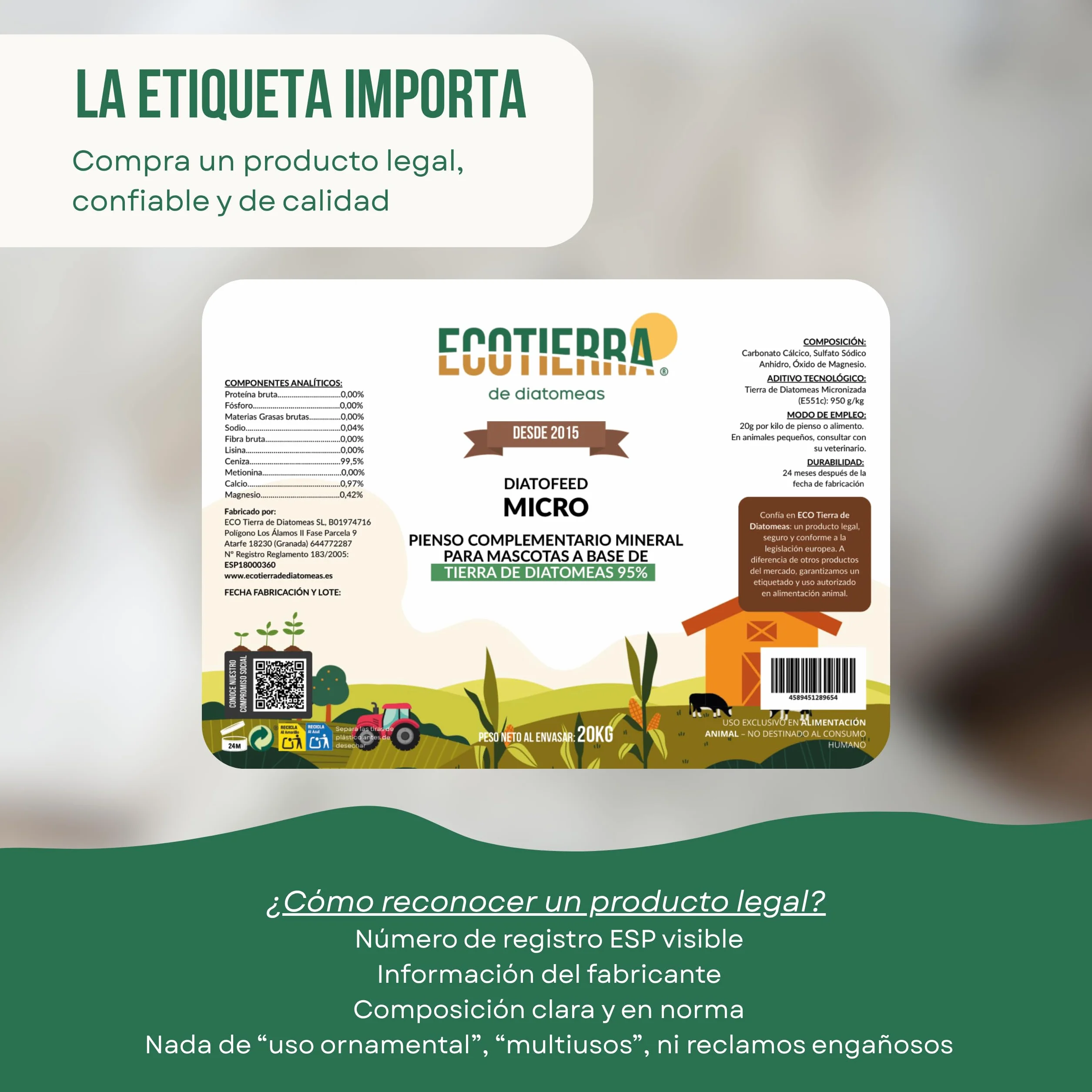 ECO Tierra de Diatomeas® Micronizada 5kg+1kg – Complemento mineral a base de Tierra de Diatomeas, Sin Calcinar, para Alimentación Animal – Seguridad, Calidad y Compromiso desde 2015