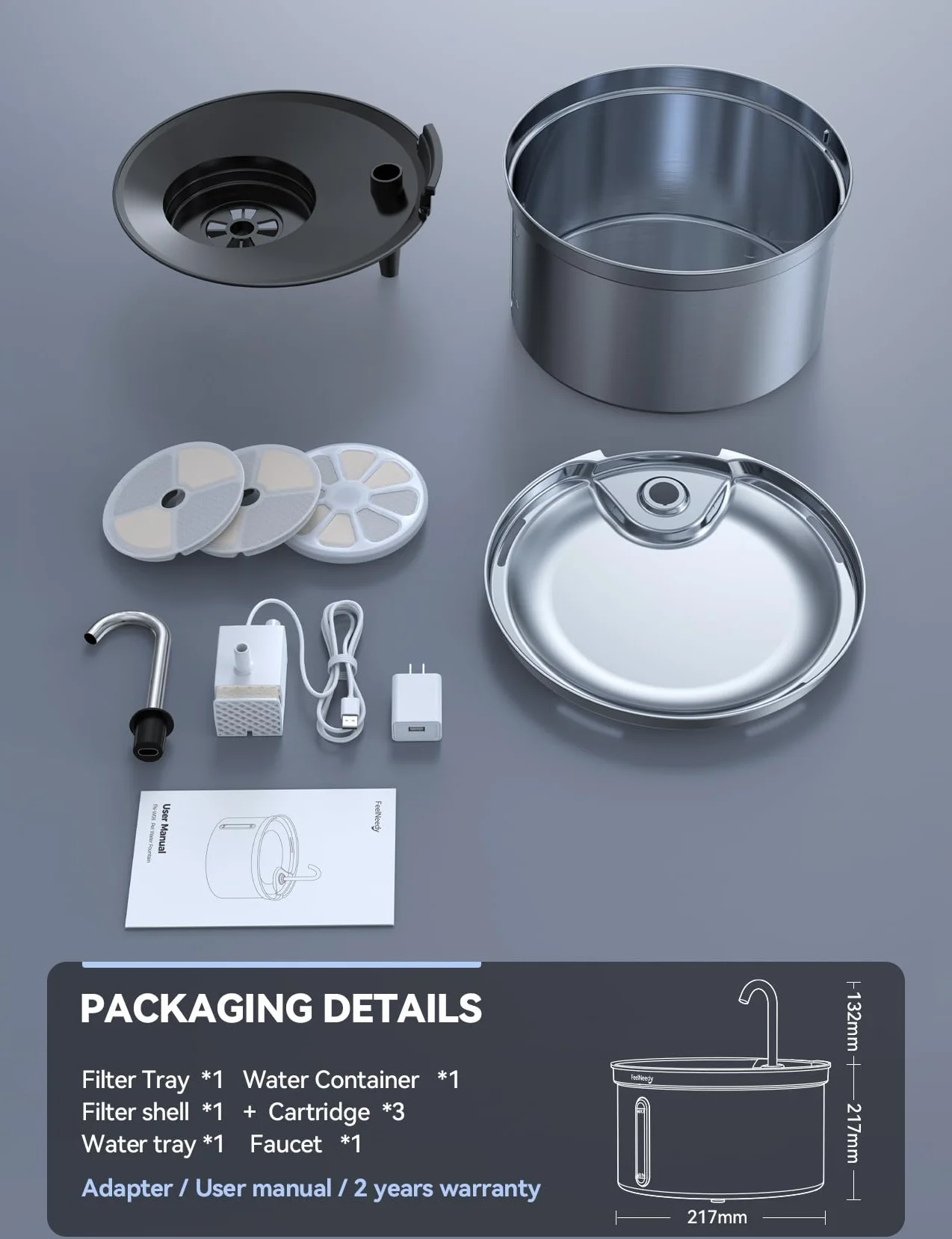 Fuente de Agua para Gatos Acero Inoxidable 304, FEELNEEDY 3,5L Bebedero Gatos Automática diseño de Grifo, Fuente para Mascotas Silenciosa, Multi-Filtración, con 3 Filtros y 1 Cargador USB 5V 1A