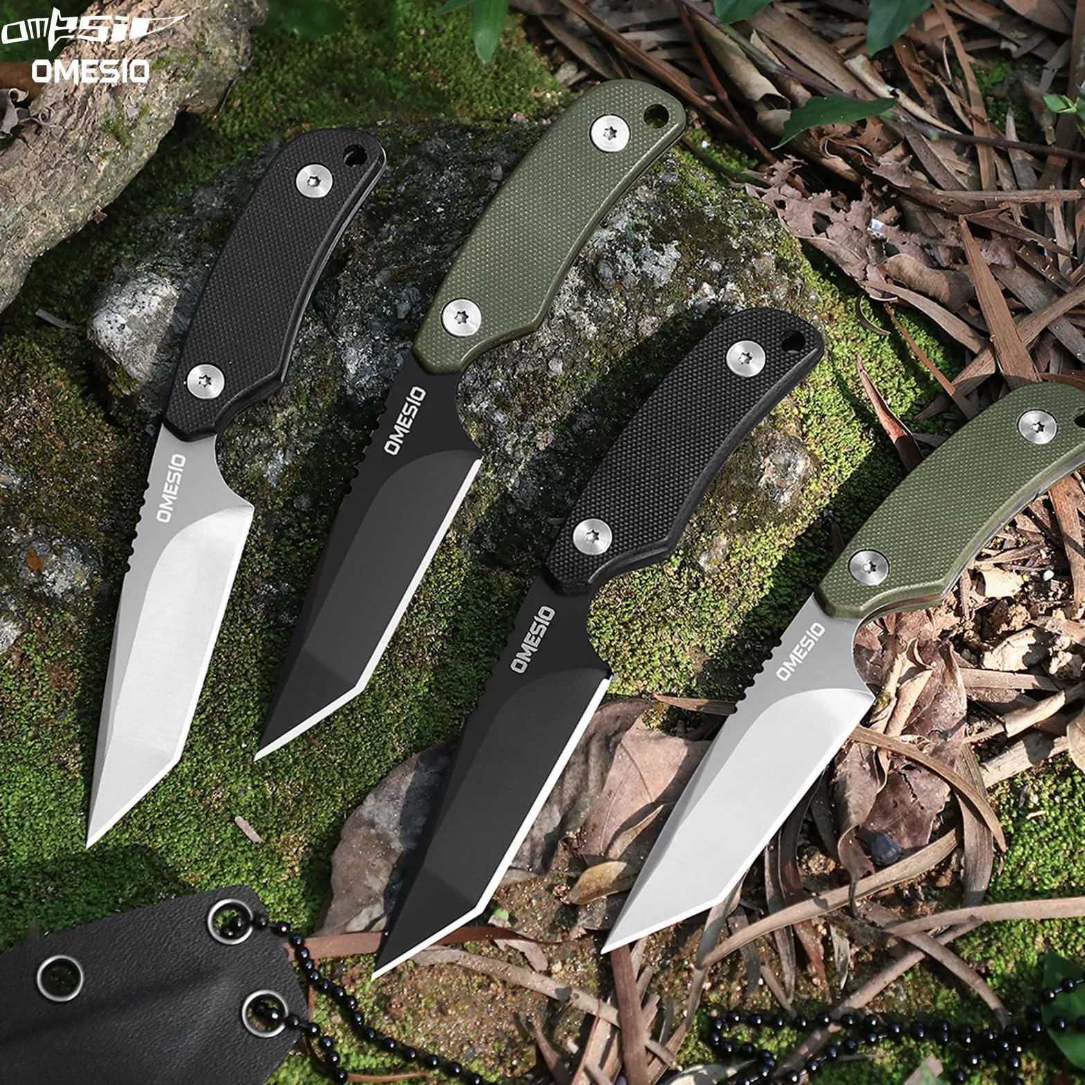 Omesio Tanto Neck Knife Pequeño Cuchillo Hoja Fija Full Tang Acero D2 Mango G10 Funda Kydex Clip Collar EDC