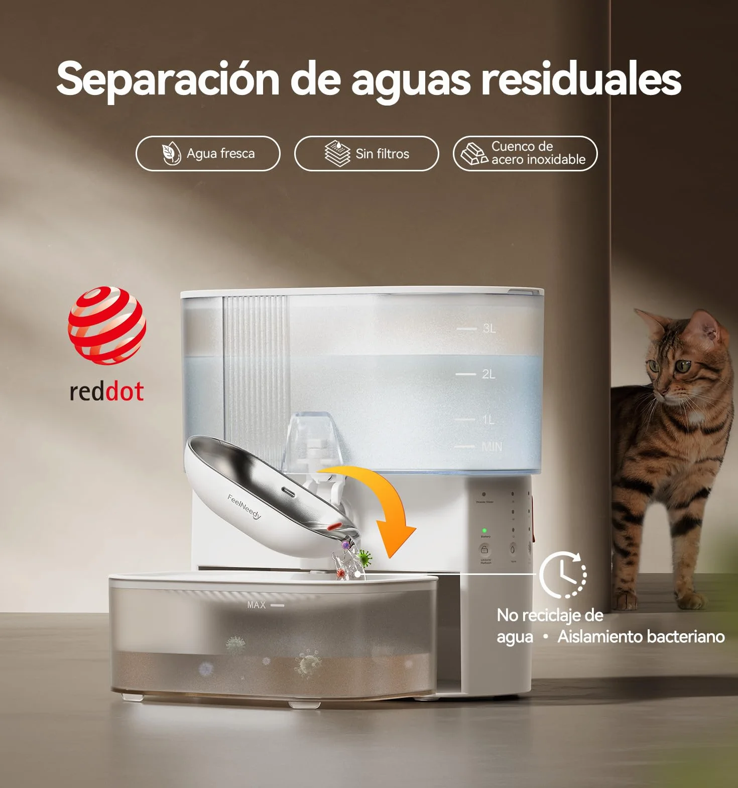 FEELNEEDY Fuente para Gatos Sin Filtro e Inalámbrica con Batería 2000mAh, Separa el Agua Limpia del Agua Usada, Cuenco de Acero Inoxidable, Bebedero Gatos Sin Cable 3,5L, Blanca