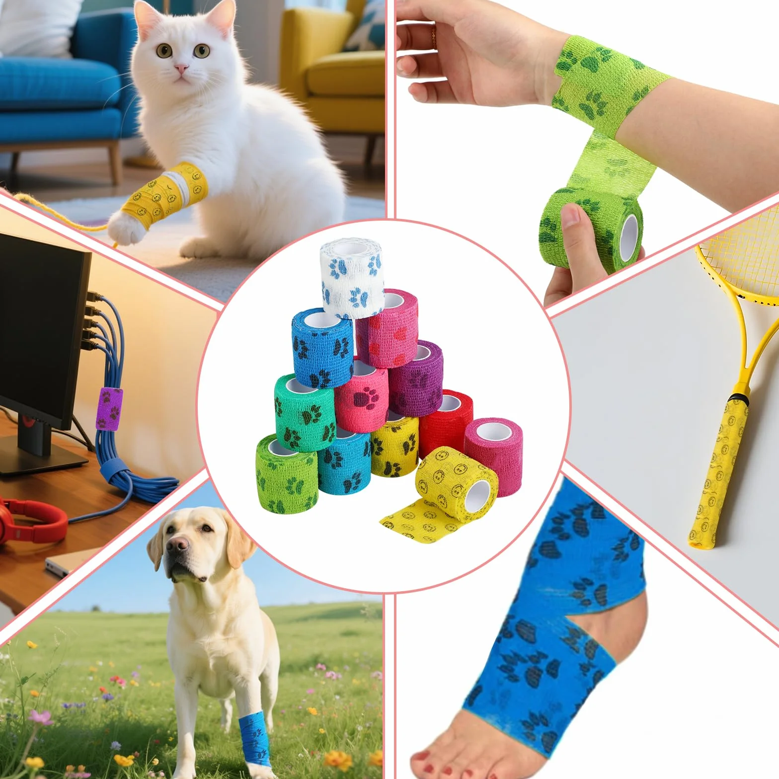 12 piezas de vendas autoadhesivas, venda cohesiva, vendas cohesivas y venda autoadhesiva elástica para perros, caballos y otros animales – Ideal para cuidar articulaciones, tobillos y más, 5cm x 4,5 m