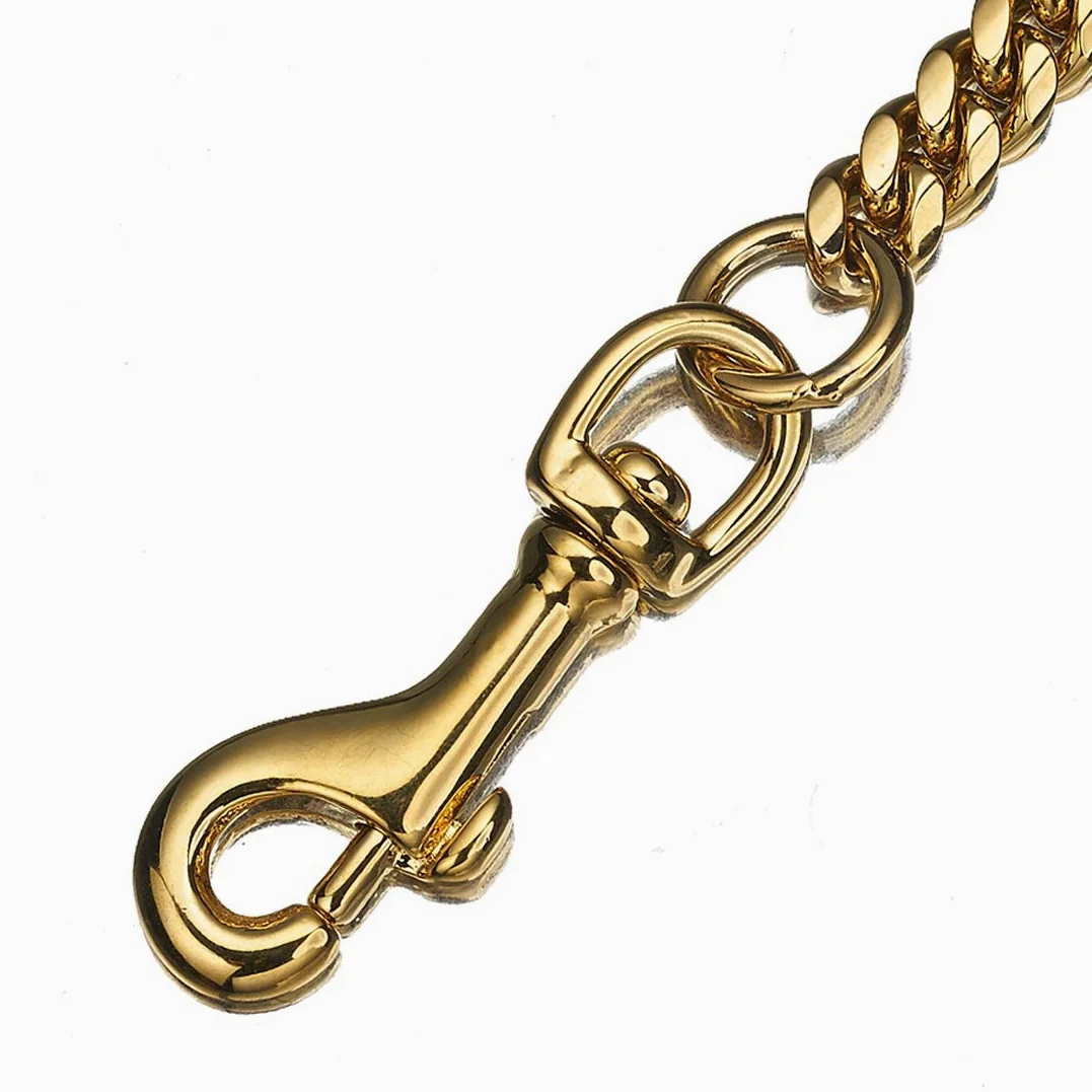Correa de Perro para Mascota, Resistente, Larga, 61 cm, 91 cm, 122 cm, Metal de Oro de 18 Quilates, Cadena Cubana de 12 mm, con cómodo Mango de Piel auténtica